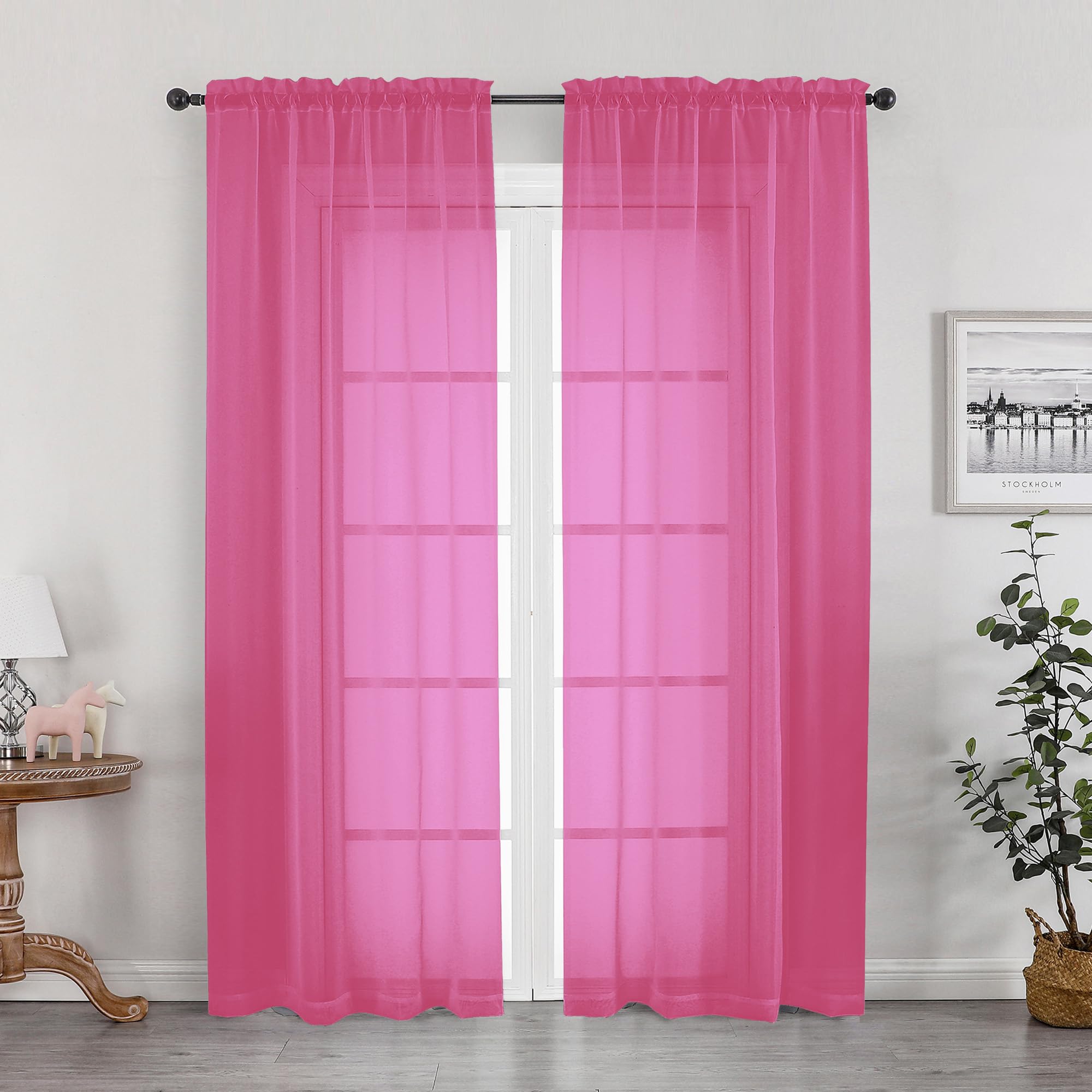 OWENIE Hot Pink Sheer Curtains 84 Inches Long for 2 Panels Set, Solid Light Filtering Voile Sheer Curtains for Living Room Bedroom, Modern Rod Pocket Hot Pink Curtain, 2 Pcs Total 84 Width 84 Long