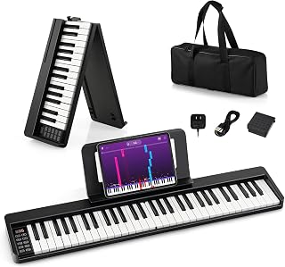 KOMFOTTEU Faltbares Keyboard 61 Tasten, Digitales Piano mit LED-Display & Bluetooth, elektronische Klaviertastatur tragbar inkl. Klaviertasche, E-Piano schwarz für Anfänger
