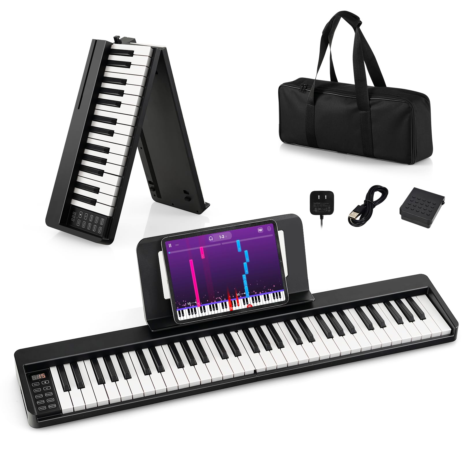 KOMFOTTEU Pianoforte Digitale 61 Tasti Pieghevole con Display LED & Bluetooth, Tastiera Elettronica Multifunzionale per Principianti, Pianola Facile da Trasportare con Borsa per Pianoforte