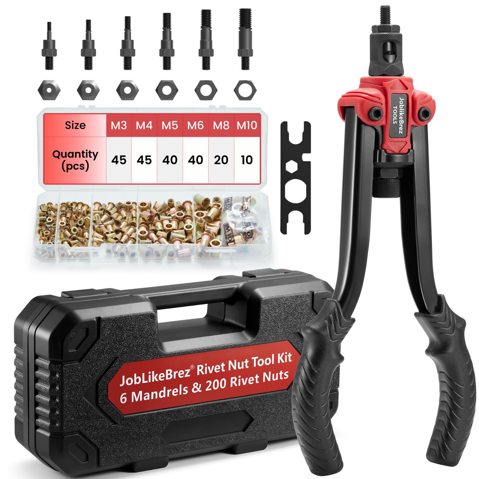 Joblikebrez Nietmutternzange Set inkl. 200 Nietmuttern in Separater Sortierbox & Robustem Transportbox | Profi Gewindenieten Zange Set mit Dorne in M3, M4, M5, M6, M8, M10