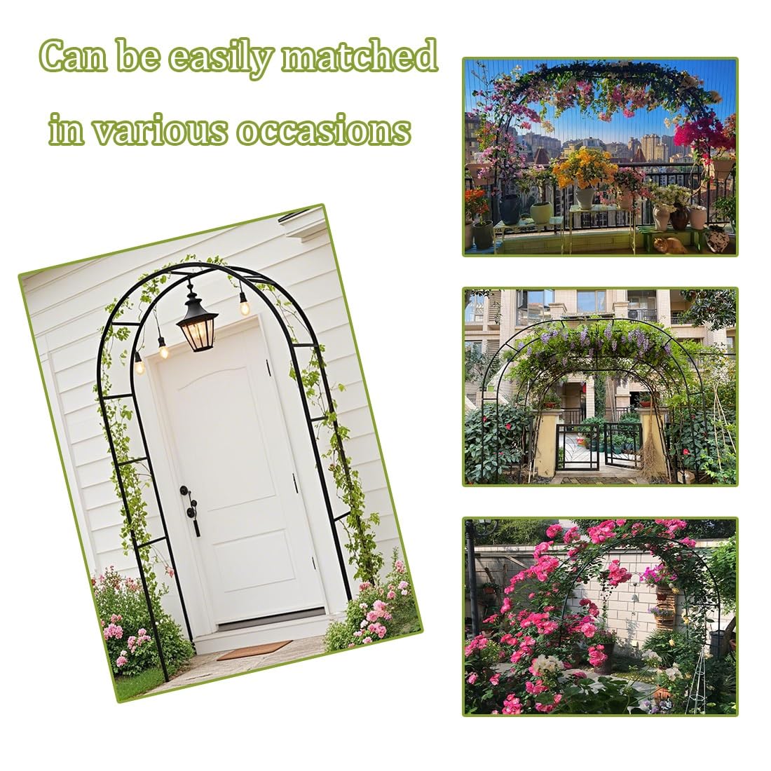 Arco da giardino in acciaio per rose rampicanti, grande arco nero per viti e cetrioli, pergola decorativa per interni ed esterni, altezza: 220-250 cm, verde, L 200 cm x H 250 cm
