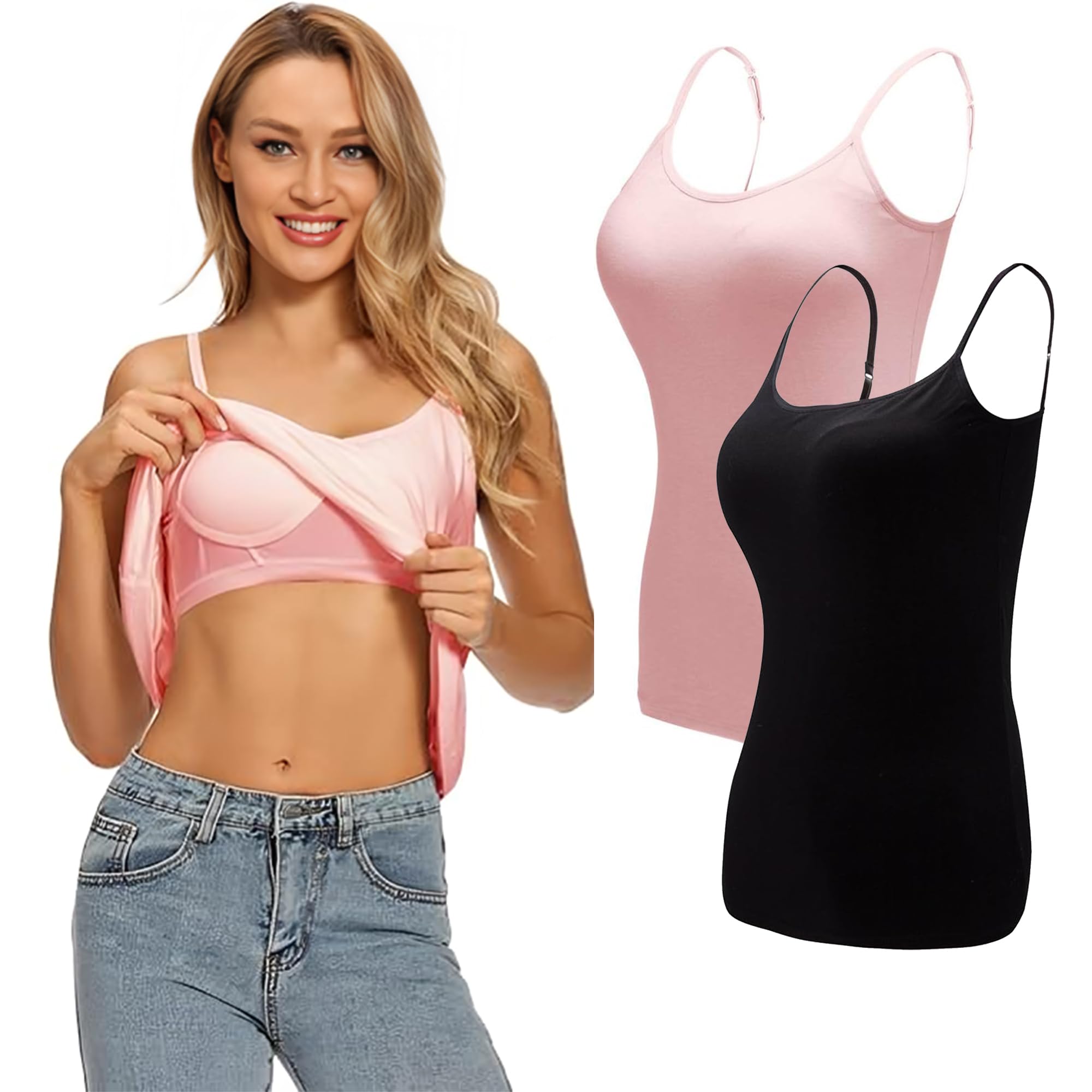 Womens Camisole with Built in Bra Padded Tops Seamless Bra Stretchy Layering Cotton Cami Summer Tank Tops Workout Removable Padding Cami Shelf Bra-image-16