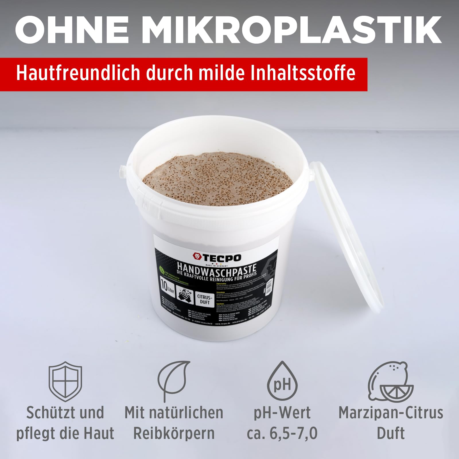 TECPO Pâte nettoyante pour les mains - 10 l - Douce pour la peau - Savon contre les saletés tenaces telles que l'huile, la graisse, la voiture et l'atelier