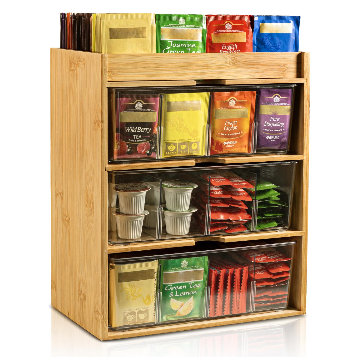 KAMJUNTAR Bamboo Tea Bag Organiser, 3 Tier Tea Holder, Vertical Tea Caddy, Wood Tea Box Tea Bag Storage for Cupboard Organizers, Tea Holder Organizer for Countertop Office Kitchen Cabinet Pantry