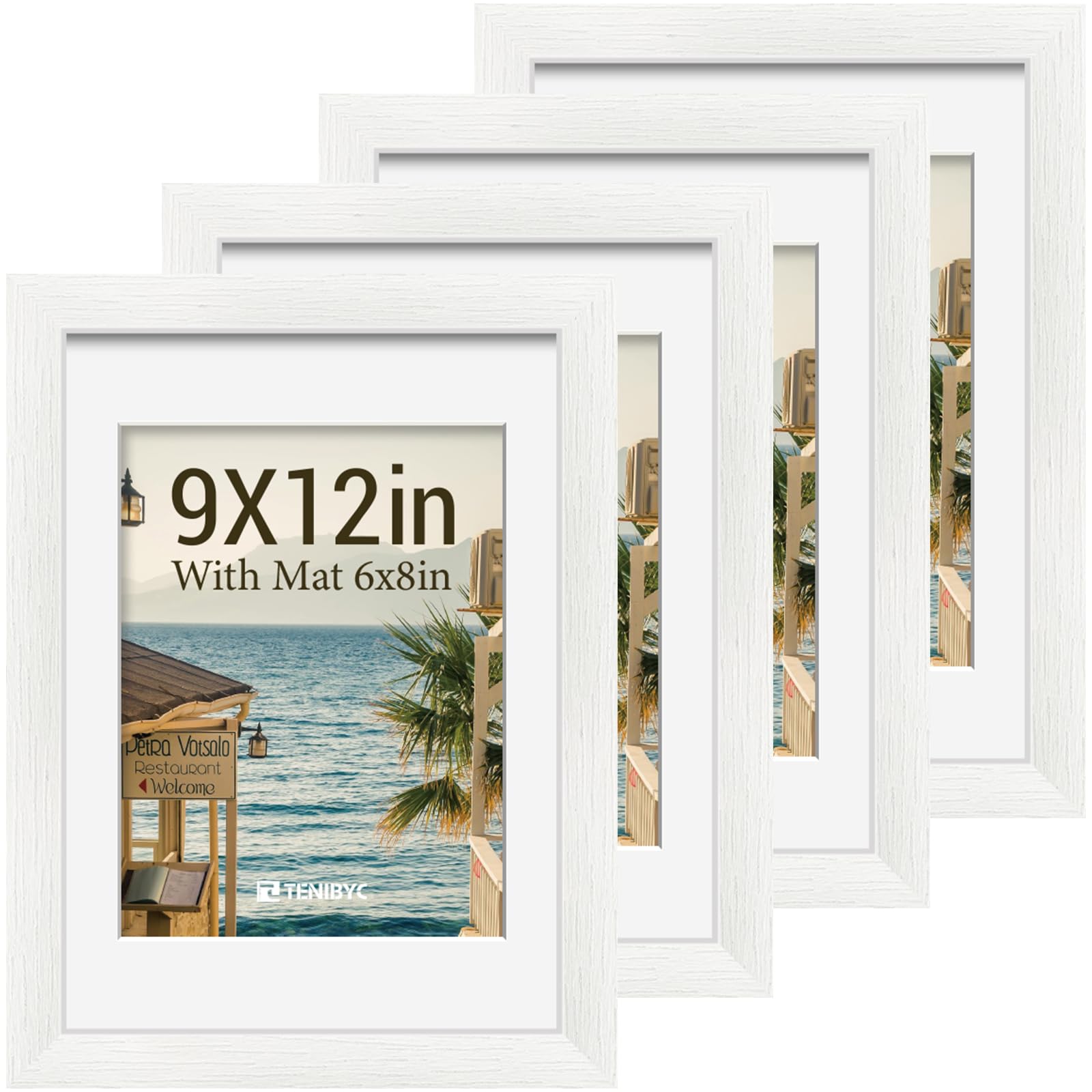 9x12 Picture Frame Set - 4 Pack, White Solid Wood Photo Frames - Tempered Glass - Displays Photos 6x8 with Mat or 9 x 12 without - Room, Office, Gallery, Studio, and Hallway Decor - Wall Hanging