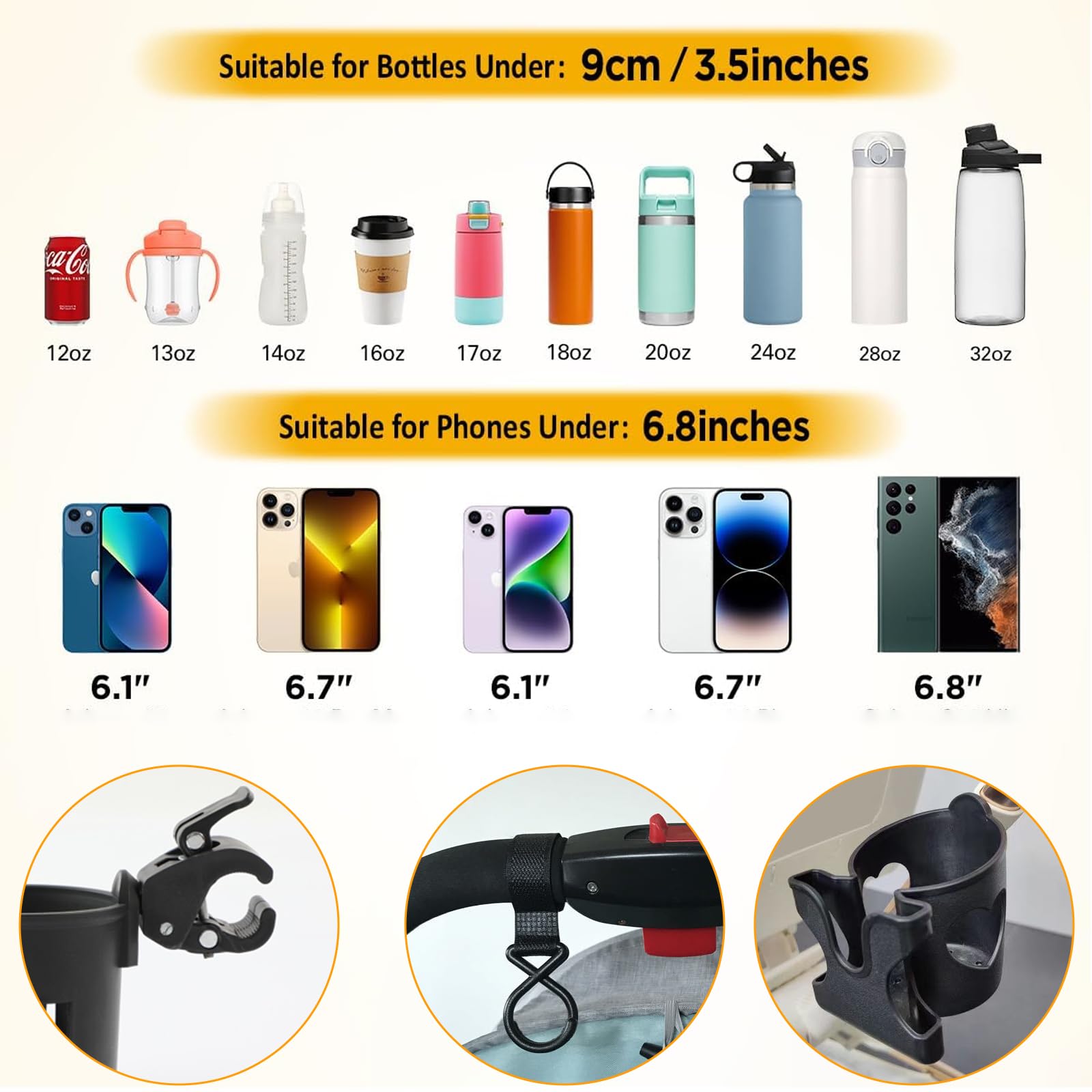 Set de portavasos universal, con portavasos en forma de corazón y 2 correas con ganchos, caja de almacenamiento para teléfono, desmontable y portátil, para botellas de agua, bicicletas(negro)