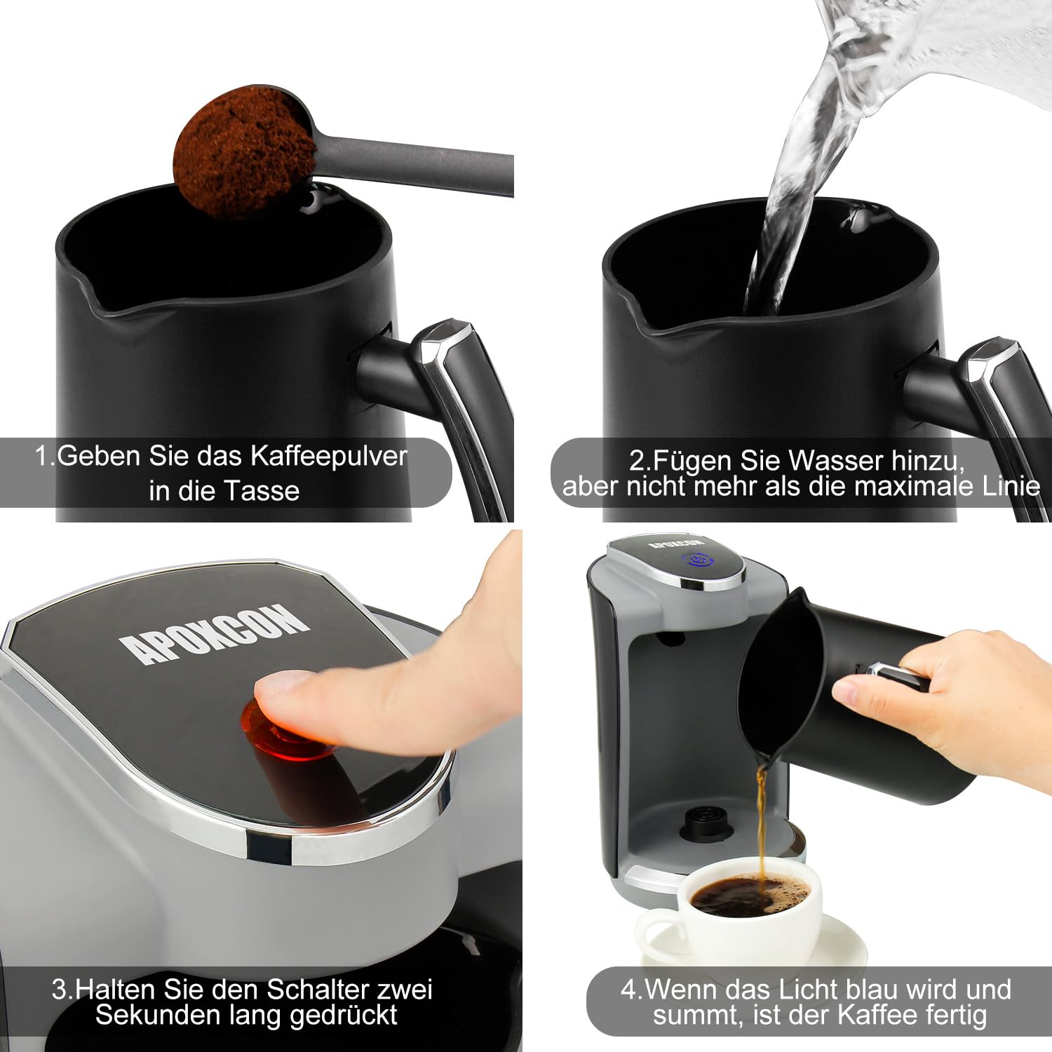APOXCON Automatische Elektrische Türkische Kaffeemaschine für 4 Tassen – 400W Edelstahl-Heizplatte mit Trockenkochschutz (250 ml)