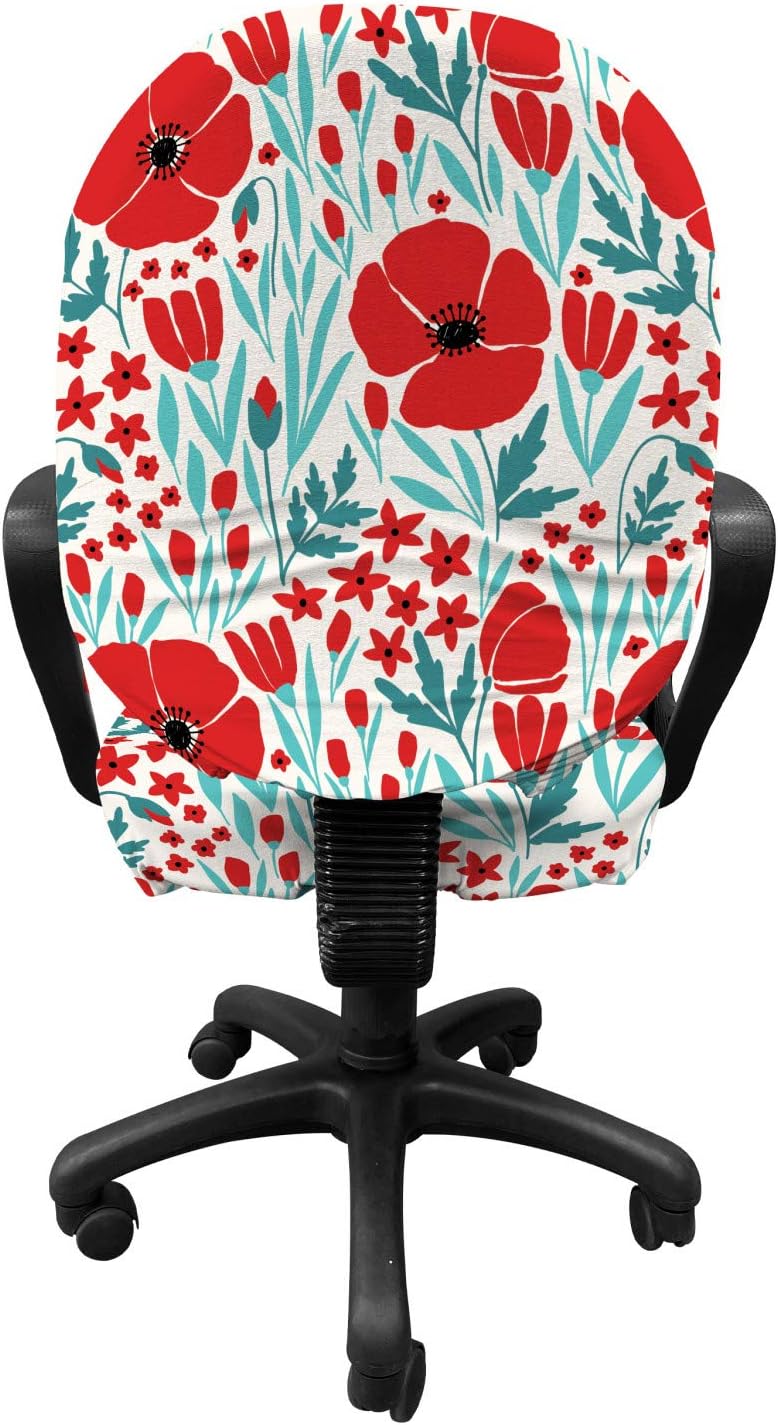 Lunarable Meadow Office Chair Slipcover, Warm Toned Poppy Blossoms Rural Revival Spring Flowers Leaves Motif, Protective Stretch Decorative Fabric Cover, Vermilion Turquoise White