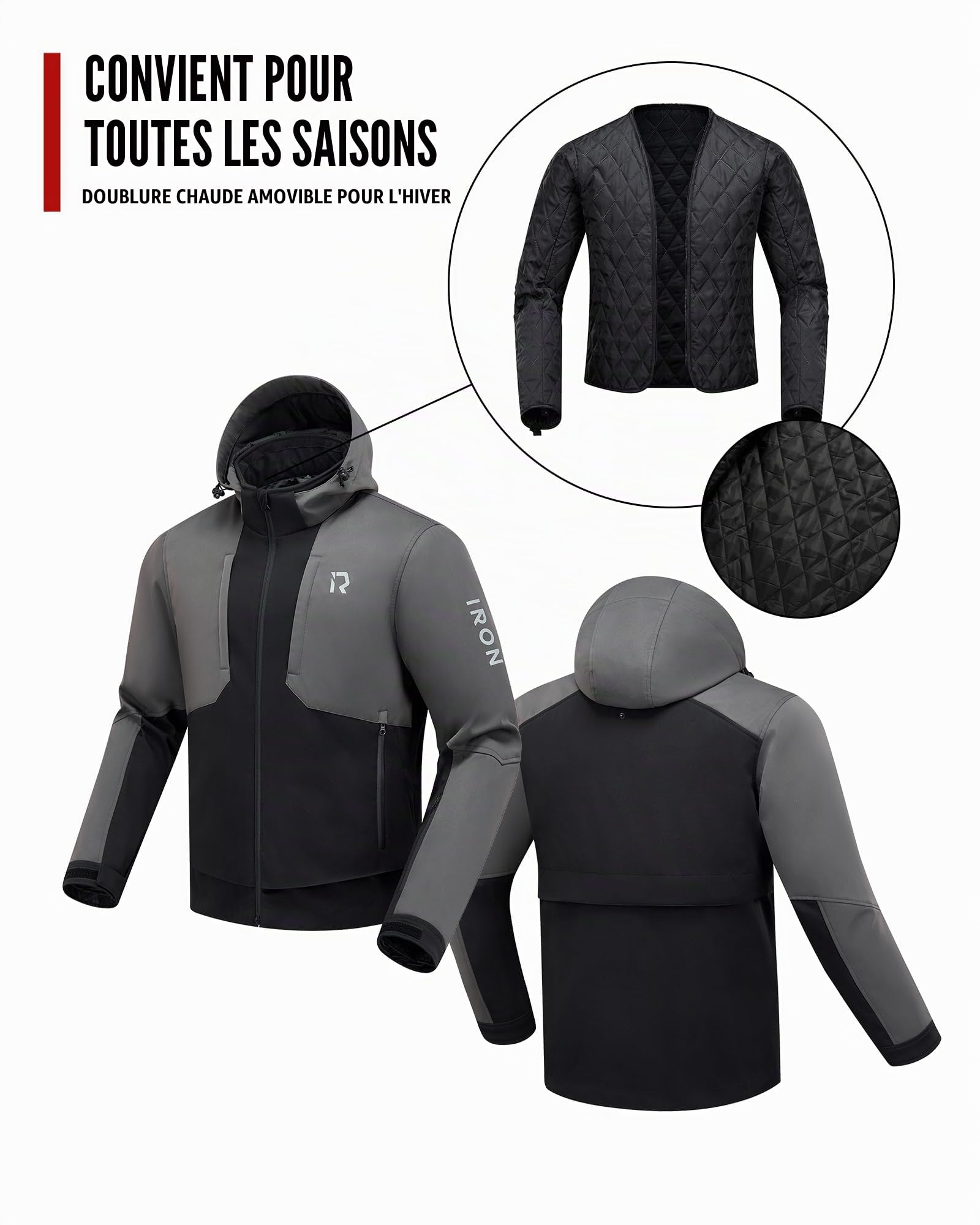 RIDEIRON Veste moto homme,veste moto hiver avec protections CE aux épaules et aux coudes,équipement de protection,doublure amovible pour protéger du froid et du vent en toutes saisons Noir