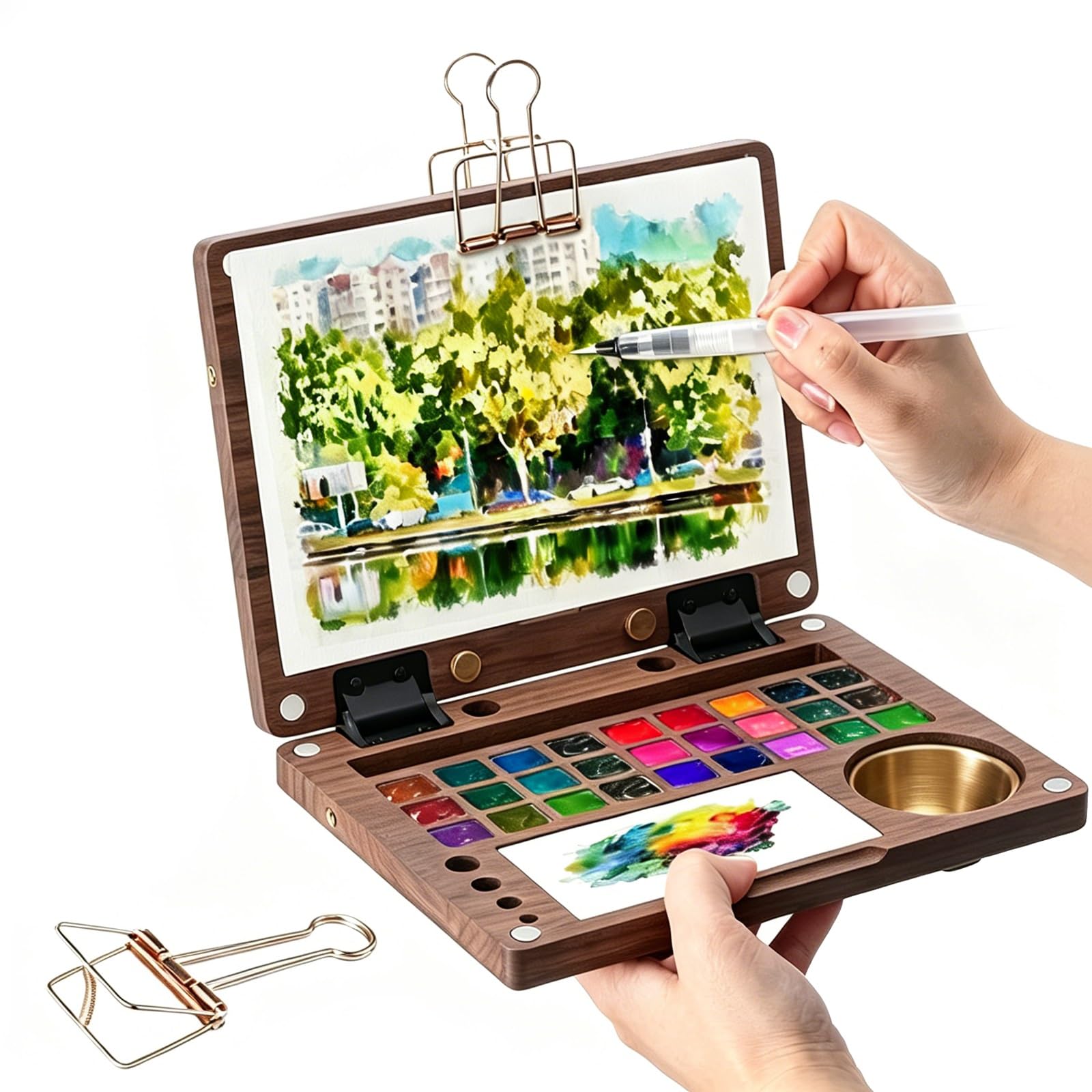 Kit de paleta de acuarelas de viaje con 27 compartimentos, caja de pintura de madera de nogal negro con recipiente para limpiar pinceles, correa de mano y clips metálicos, para artistas