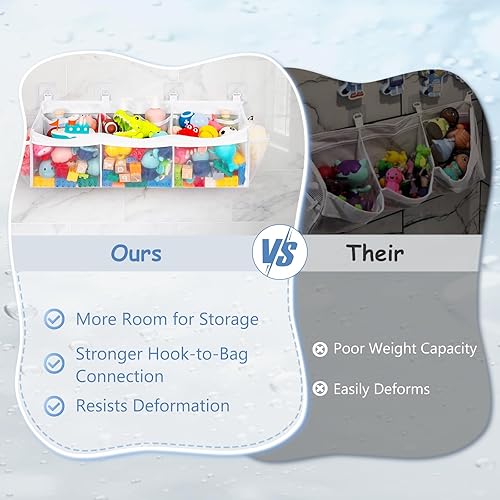 Miniatura 7 de Criusia Organizador de juguetes de baño extra grande con 3 compartimentos y múltiples bolsillos, almacenamiento de malla de secado rápido para tina