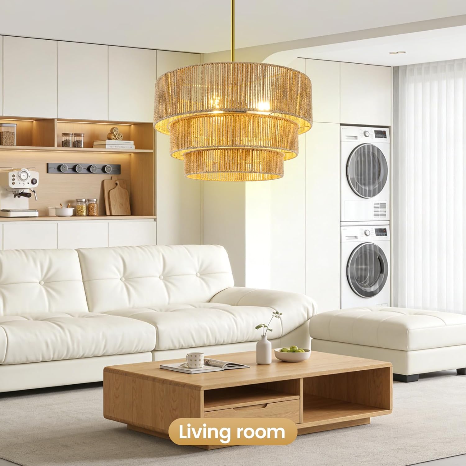 Boho Rattan Chandelier Light,3 Light Hand Woven Pendant Lamp Fixture,16.5'' Large Farmhouse Chandelier Ceiling Light for Living Room,Kitchen Island,Foyer, Entryway, Over Table,Adjustable Height