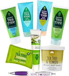 Tea Tree Bath & Body Gift Sets - Tea Tree Face Wash, Face Scrub, Tea Tree Shampoo & Conditioner, Tea Tree Cream, Cleansing Wipes, Body Scrub | 8pc Skincare Bundle for Women with Sinta Gifts Pen