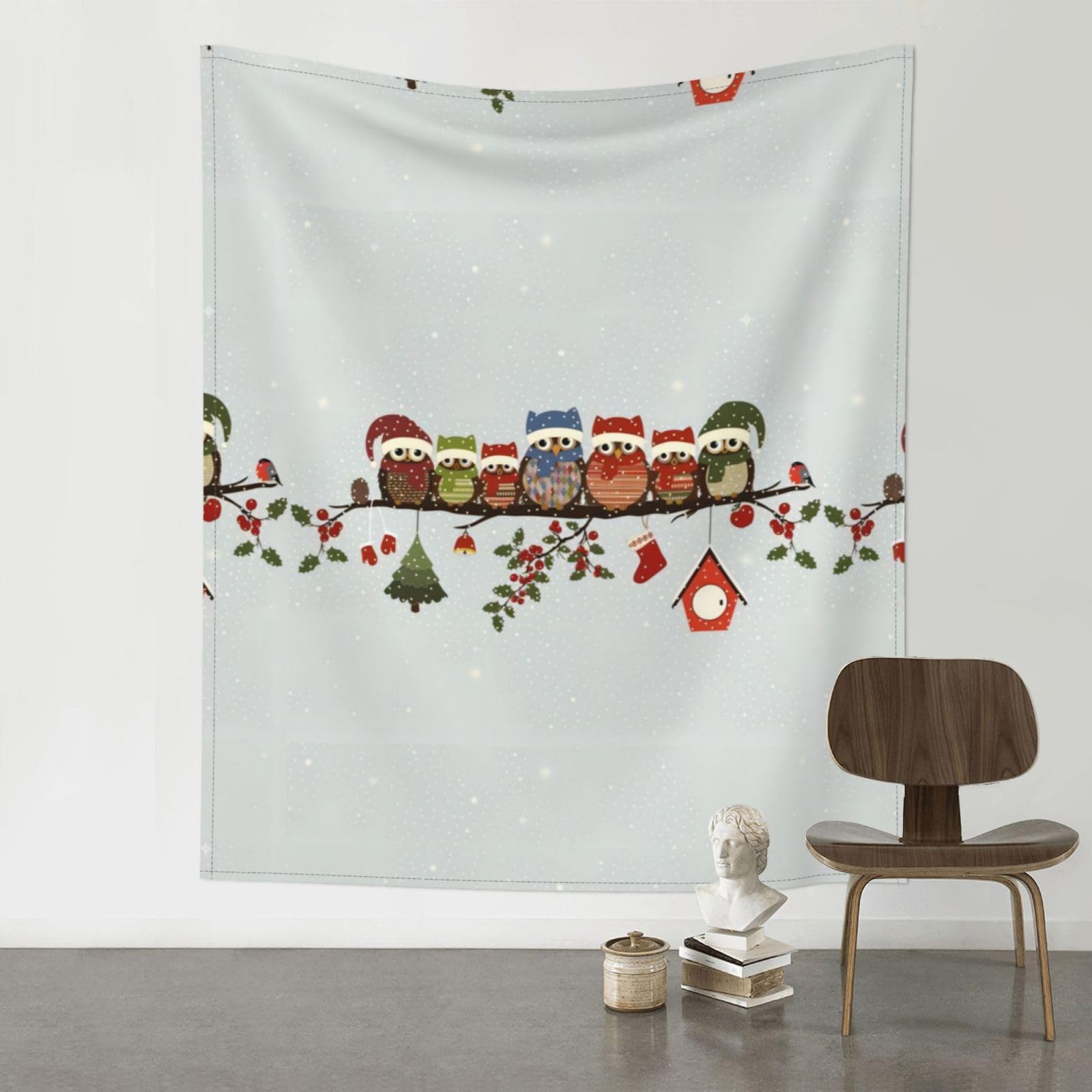 YYHWHJDE Cute Christmas Owls On Branch Prints 60x51in Wall Tapestry – High-Grade Polyester Throw for Dorm, Beach & Home Decor