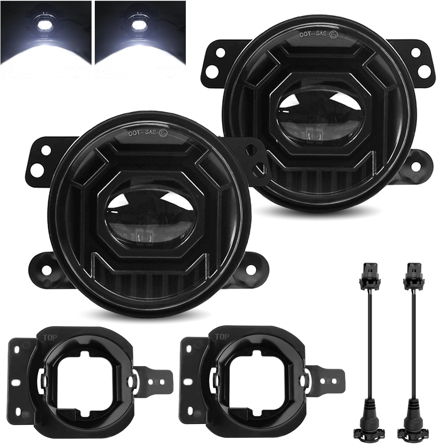 4 Inch 60W LED Fog Lights for 2007-2024 Jeep Wrangler JL JK JLU Gladiator JKU JL JT Gladiator White Round Fog Lights Assembly with 2 Pair Mounting Brackets, 2 Conversion Cables, DOT Approved
