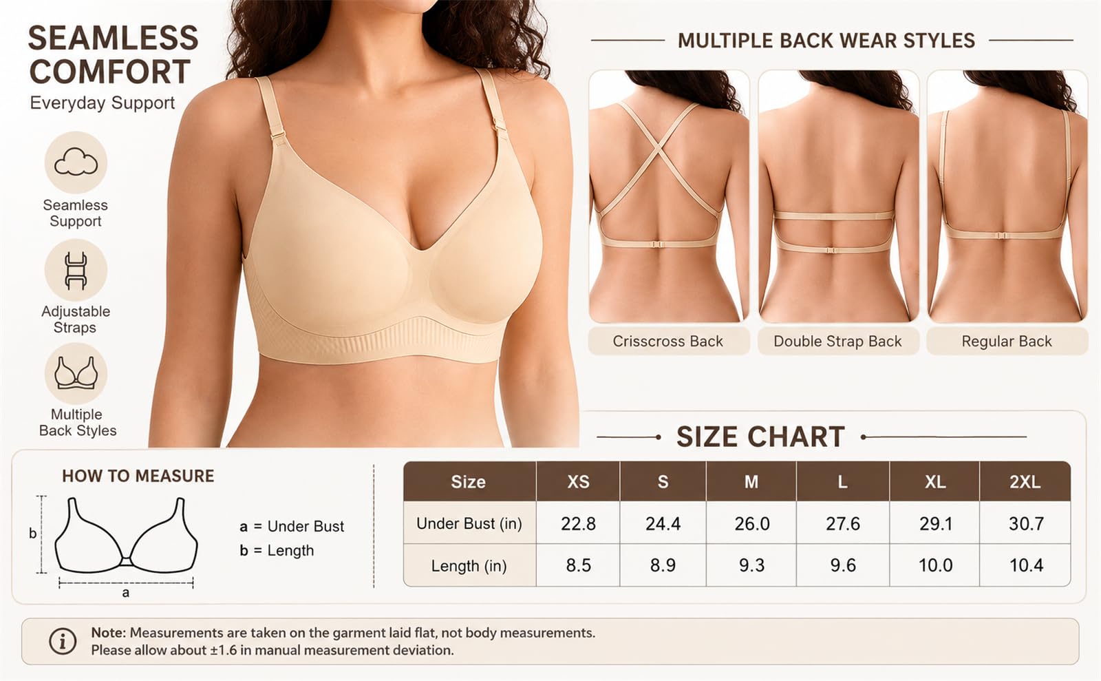 Brasier sin costuras de espalda baja para mujer, sin costuras, escote