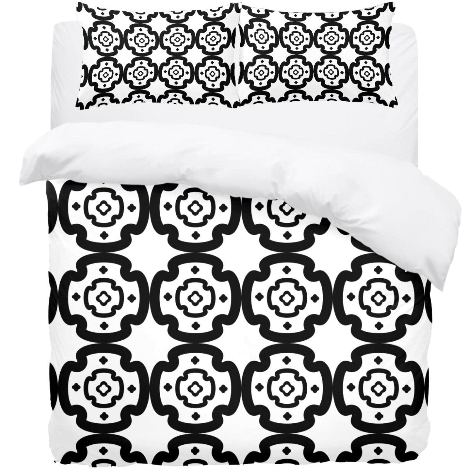 Parure de lit housse de couette 2 taies motif floral géométrique noir et blanc