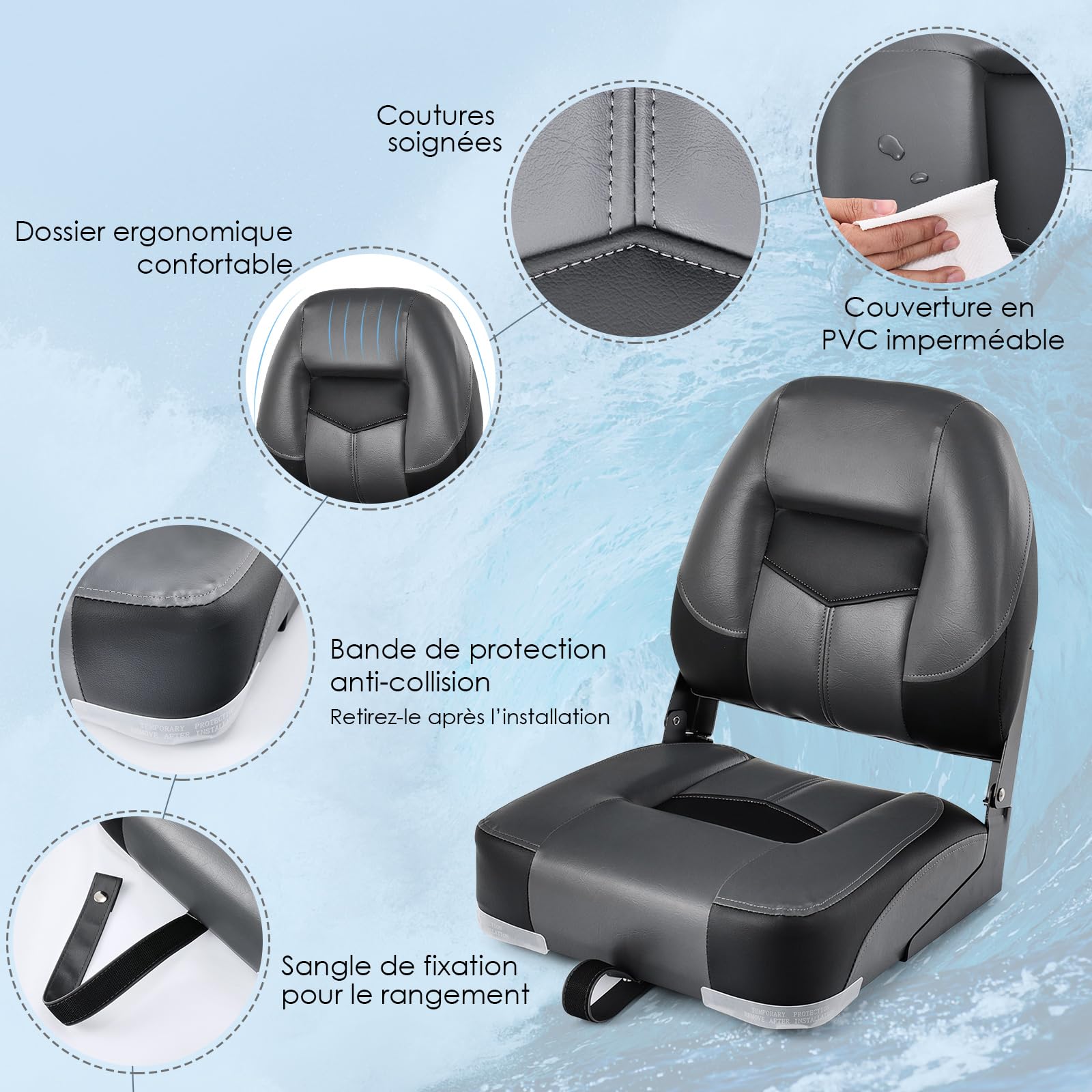 GYMAX Lot de 2 Sièges de Bateau Pliants, Chaises Confortables avec Dossier Ergonomique et Siège Rembourré, Fabrication Anti-Usure, Convient pour Yacht, Bateau de Pêche (Noir)