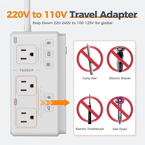 Miniatura 6 de Convertidor de voltaje de 220 V a 110 V, adaptador de viaje universal TESSAN con 4 cargadores USB (1 USB C), 3 enchufes de CA y adaptador de
