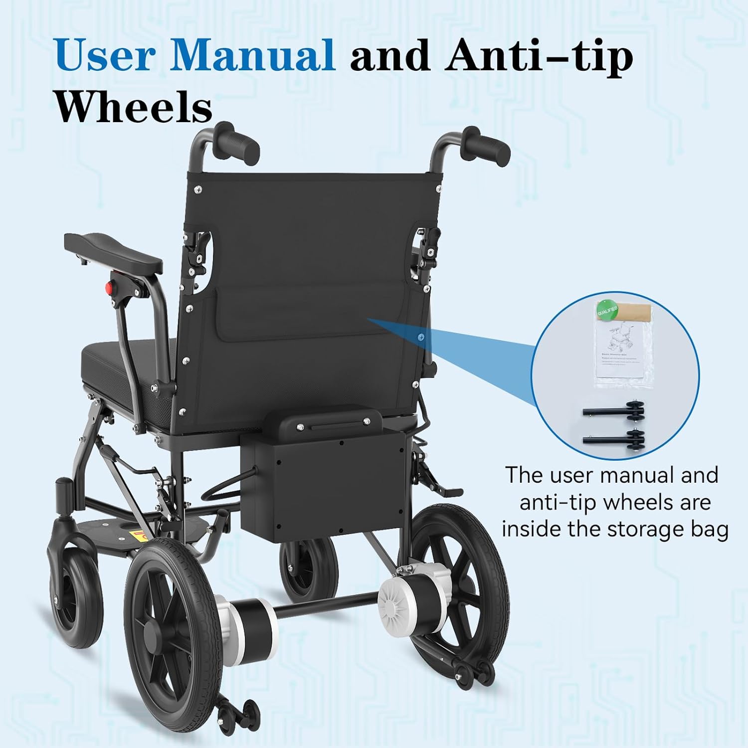 Rear view of the electric wheelchair showing a storage pouch with the user manual and anti-tip wheels inside.