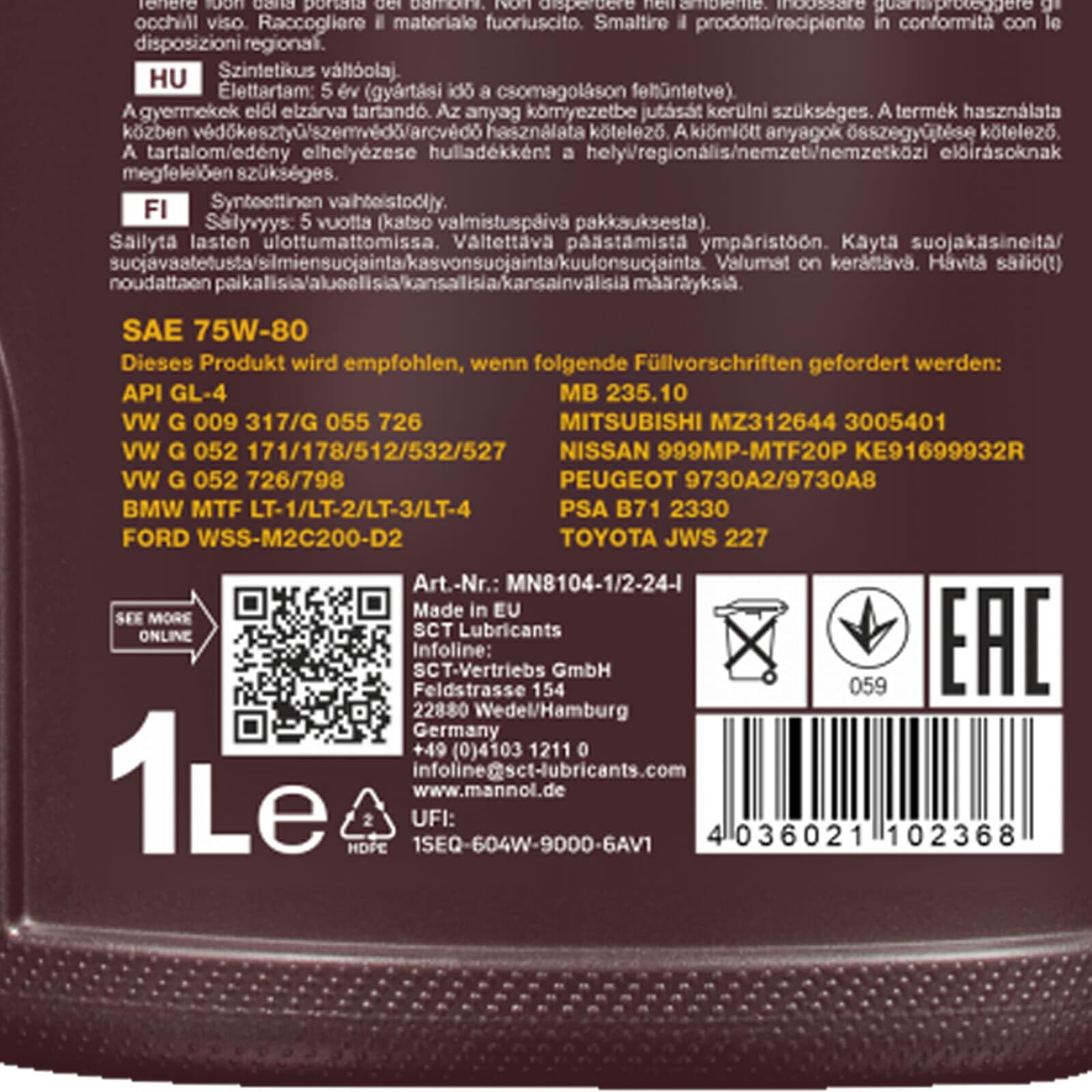 SCT Mannol 6x MN8104-1 Getriebeöl (1 L) | Mtf LT-1/-2/-3/-4 235.10 G009 317 , Mannol 8104 Mtf-4 Getriebeoel 75W-80 GL-4