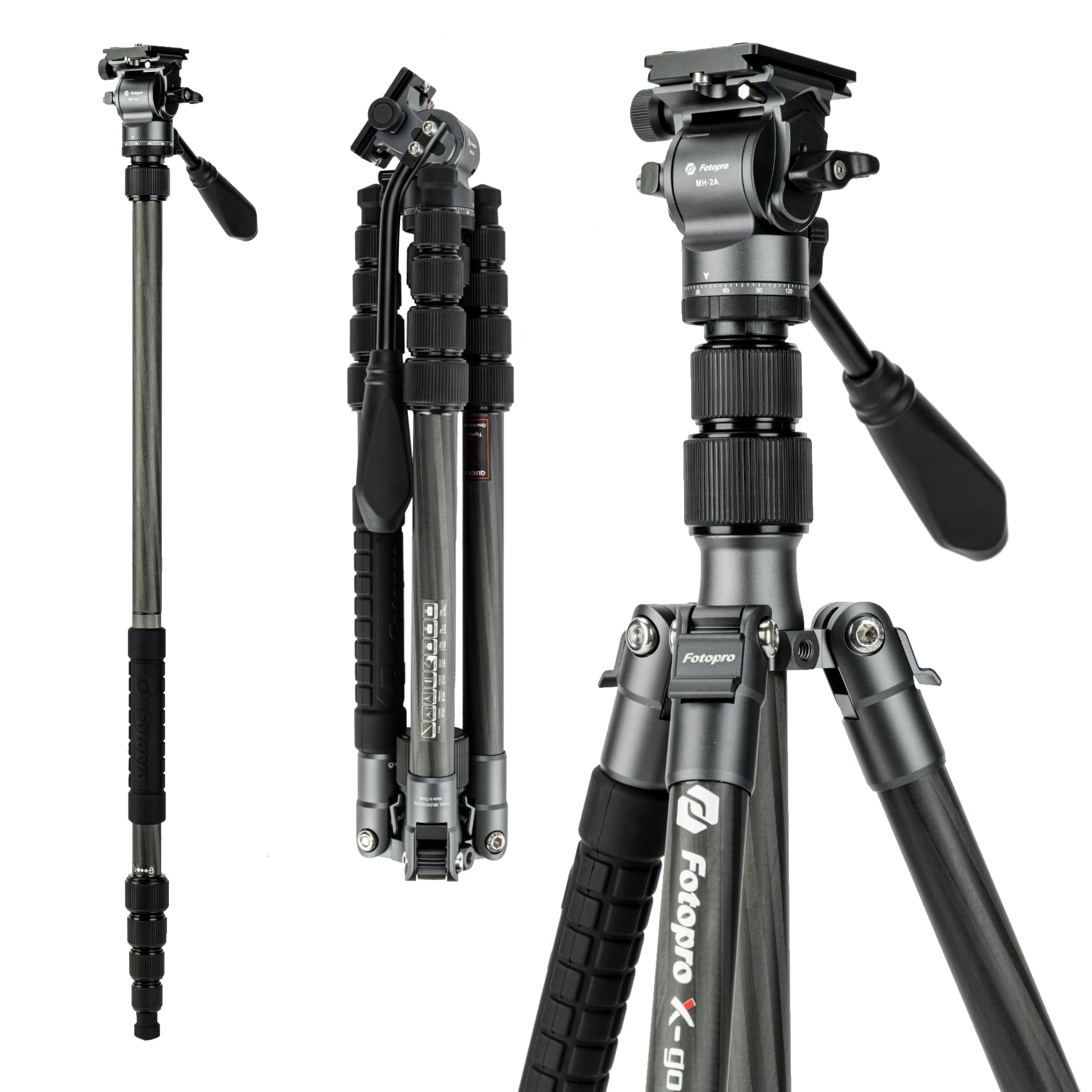 Fotopro 59" Carbon Fiber Travel Tripod, Compact Video Tripods with Fluid Head, Detachable Monopod with Quick Release Plate and Bag, Camera Tripod Load up to 8KG/17.63lbs