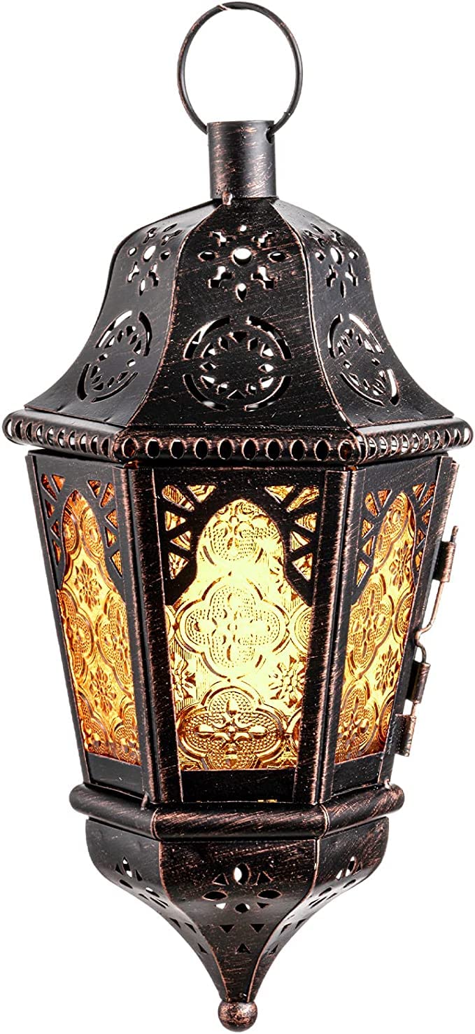 NEEDOMO 13.5'' Ramadan Candle Lantern, Vintage Decorative Hanging Lantern for Indoor, Outdoor, Patio, Table, Front Porch, Rustic Metal Christmas Candle Holders (Amber)