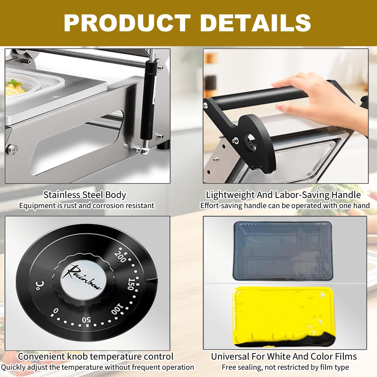 Selladora Multifuncional de Recipientes Alimentarios, Máquina Embaladora a Presión Manual con Sellado Rápido en 7-8 Segundos para el Embalaje de Filete y Comida Preparada Traysize14x14cm