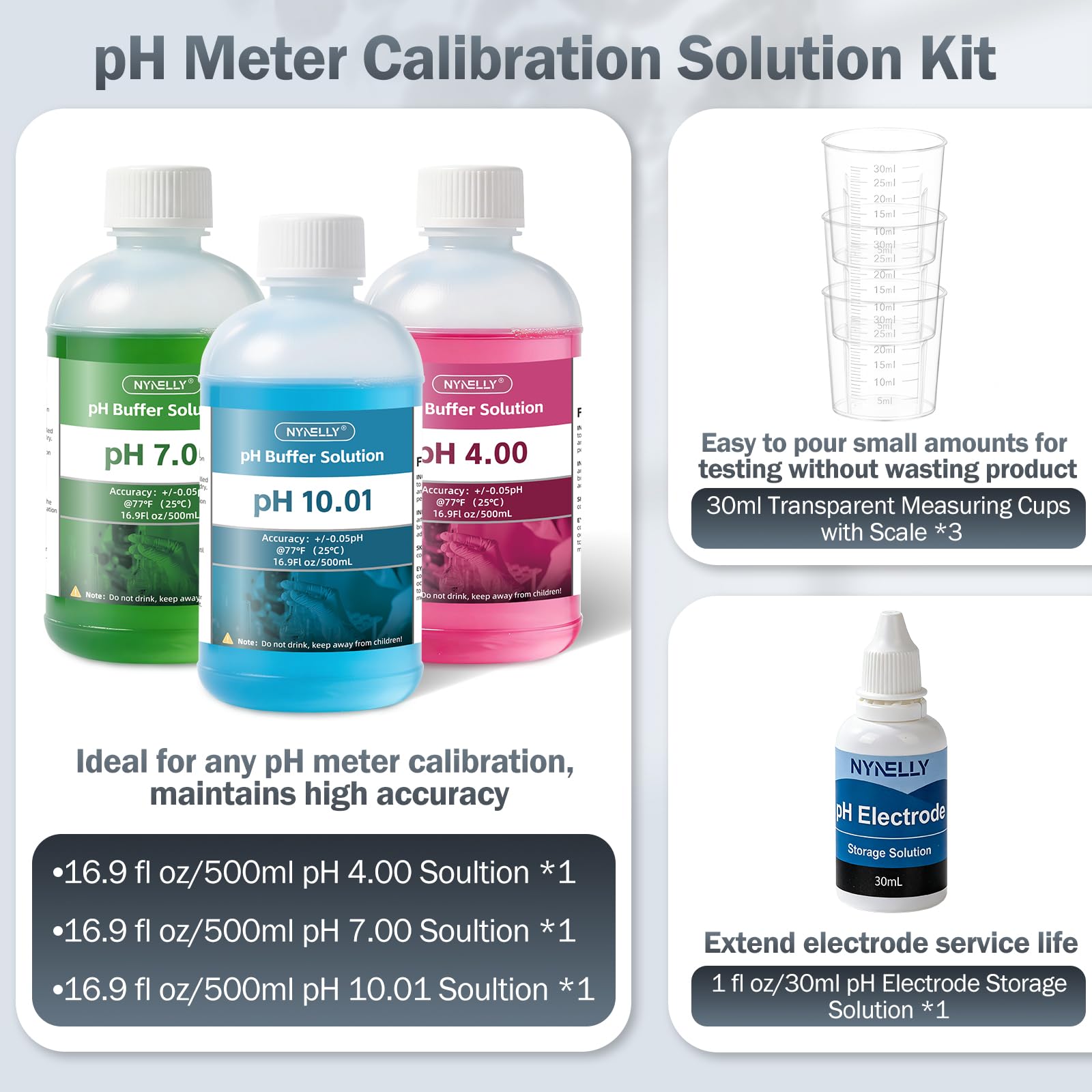 Kit de Solution d'étalonnage pour pH Metre, 3 Flacons de 500 ml Solution Tampon pH 7.00/4.00/10.01 avec 3 Gobelets Doseurs, et 30 ml Solution de Stockage de Sonde pH, Mesures de pH
