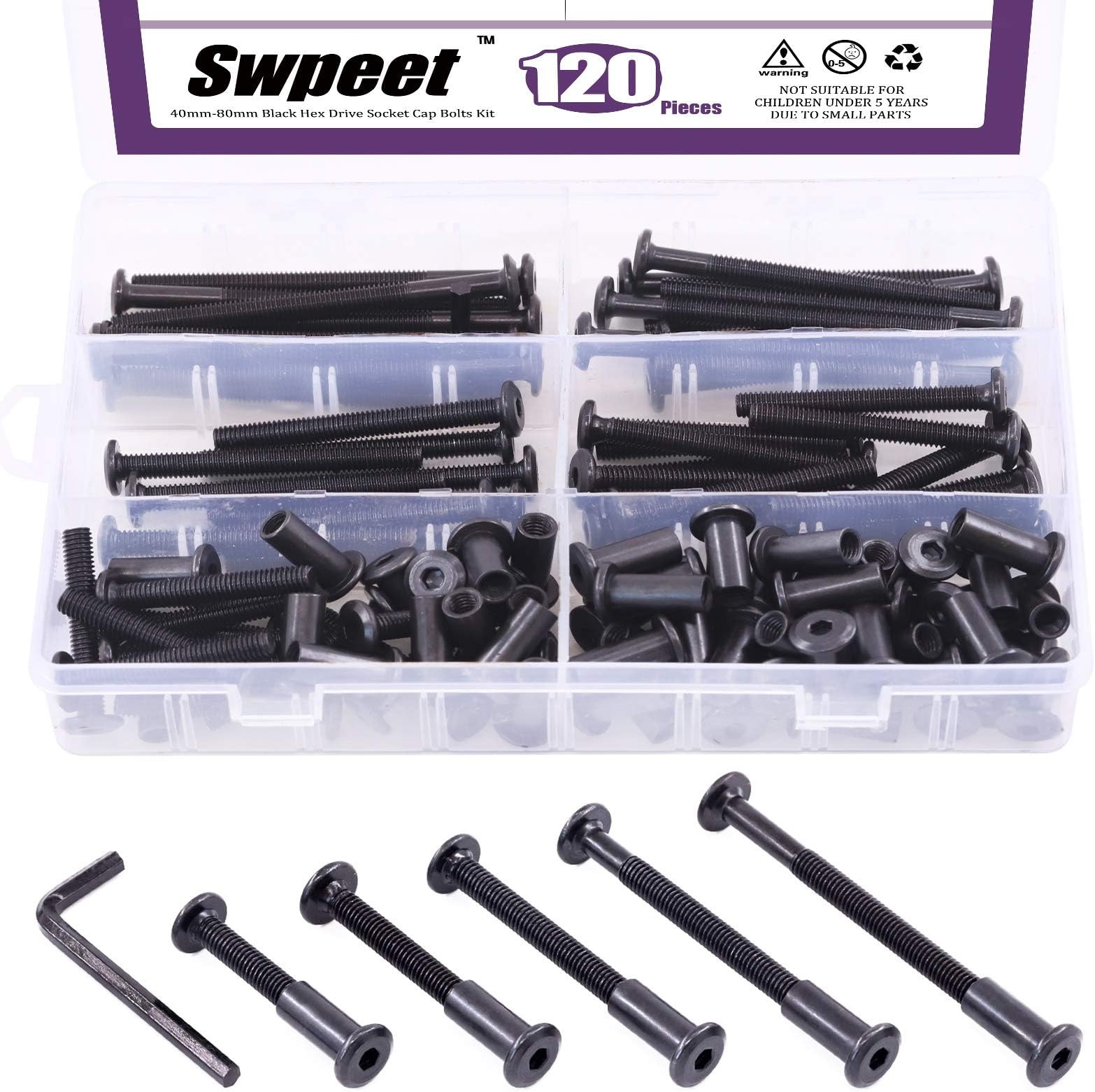 Swpeet 120Pcs M6x40mm/50mm/60mm/70mm/80mm Carbon Steel Black Hex Drive Socket Cap Bolts Barrel Nuts Kit with 1Pcs Hex Key, Screw Post Fit for Furniture Countsunk Belt Buckle Leather Binding Bolts