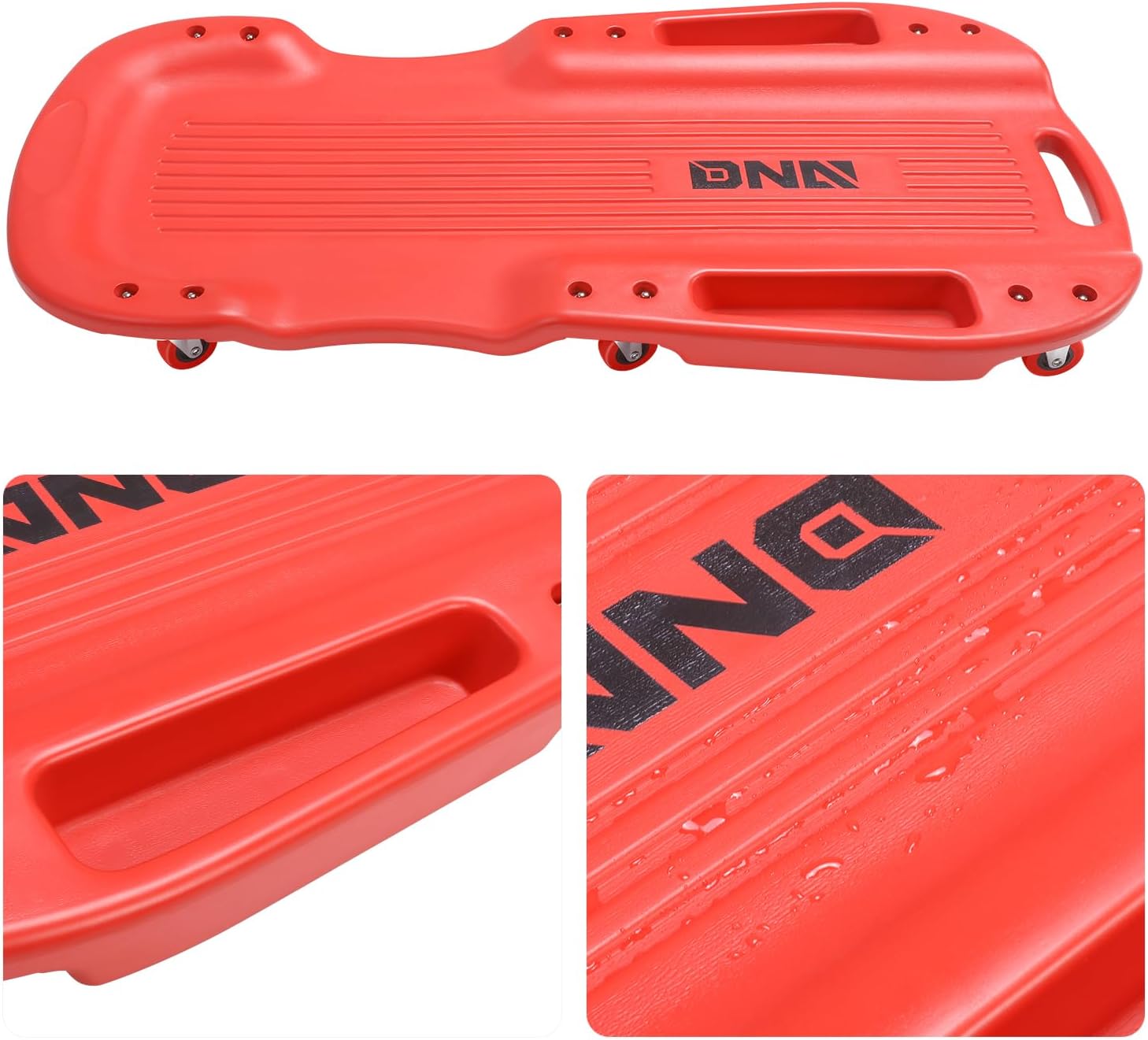 DNA Motoring 38 Inches Low Profile Plastic Rolling Garage Shop Floor Creeper with Side Pockets & 6pcs Casters, Red, TOOLS-00390