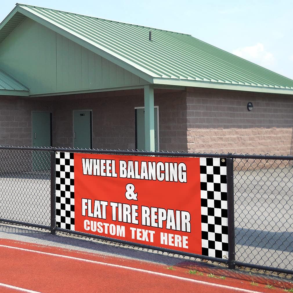 Custom Vinyl Banner Multiple Sizes Wheel Balancing & Flat Tire Repair Body Shop Auto Parts Outdoor Weatherproof Industrial Yard Signs 4 Grommets Personalized Text Here 24x48Inches