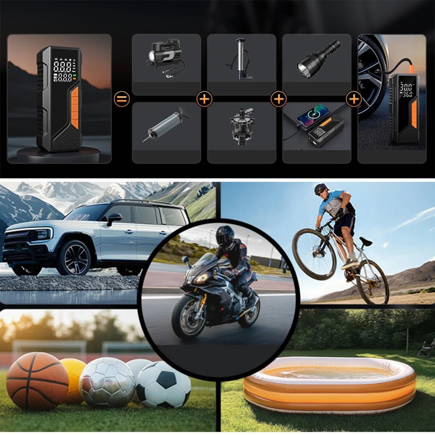 Inflador Ruedas Coche Inflador de neumáticos inalámbrico de 150PSI, compresor de Aire portátil, manómetro Digital, luz LED para Coche y Motocicleta Compresores de Aire portátiles