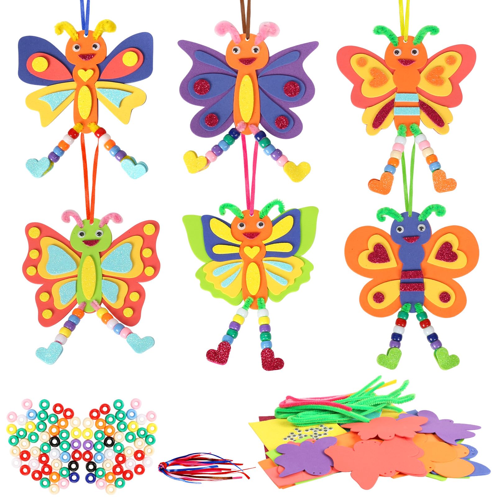 LAMEK 12 Pack Butterfly Craft for Kids Make Your Own Butterfly Foam Stickers with Beads DIY Arts and Crafts for Kids Boys Girls Party Favor Spring Summer Decoration Birthday Gifts