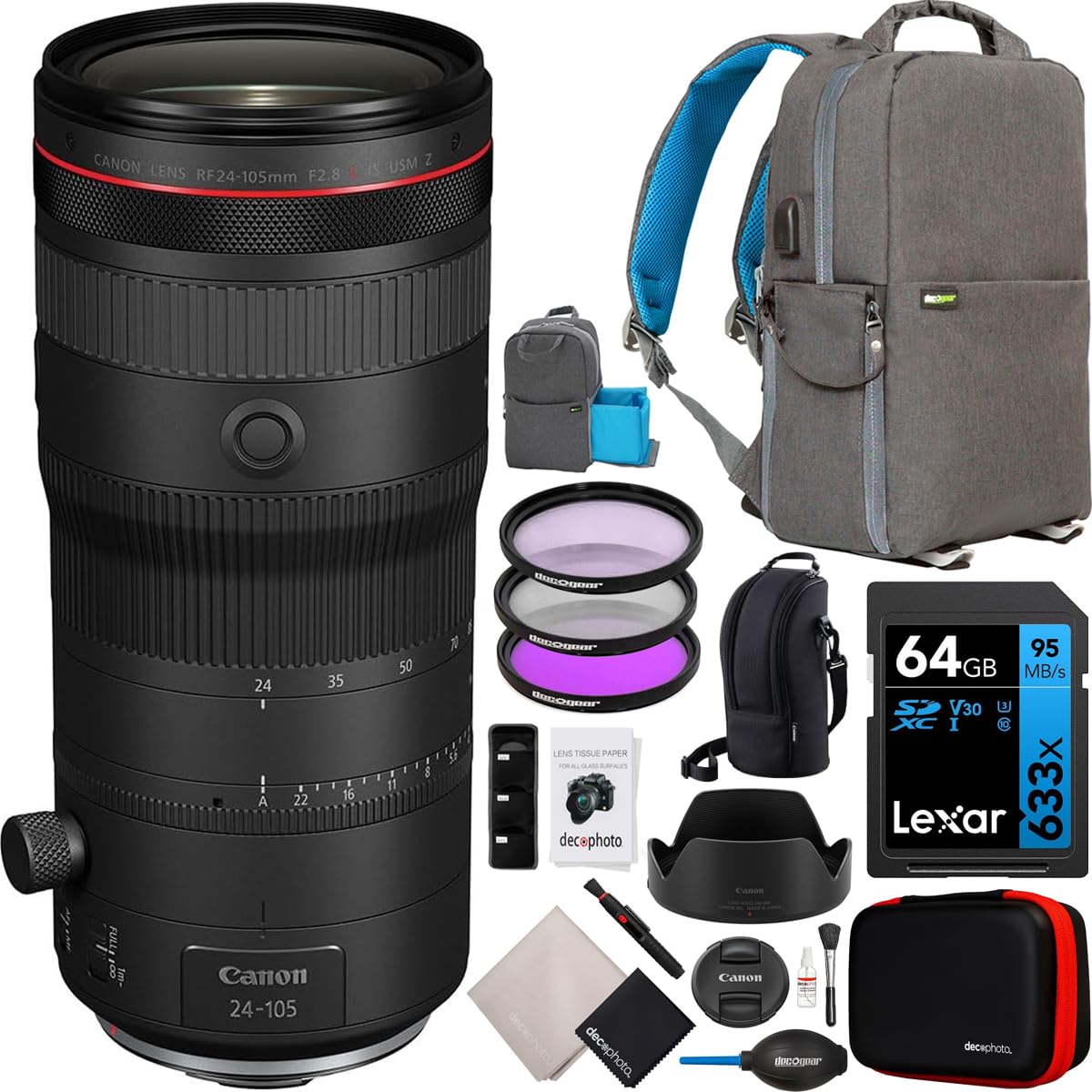 Canon RF 24-105mm F2.8 L is USM Z Lens for RF Mount Full Frame Mirrorless Cameras 6347C002 Bundle with Deco Gear Photography Backpack + Filter Kit +