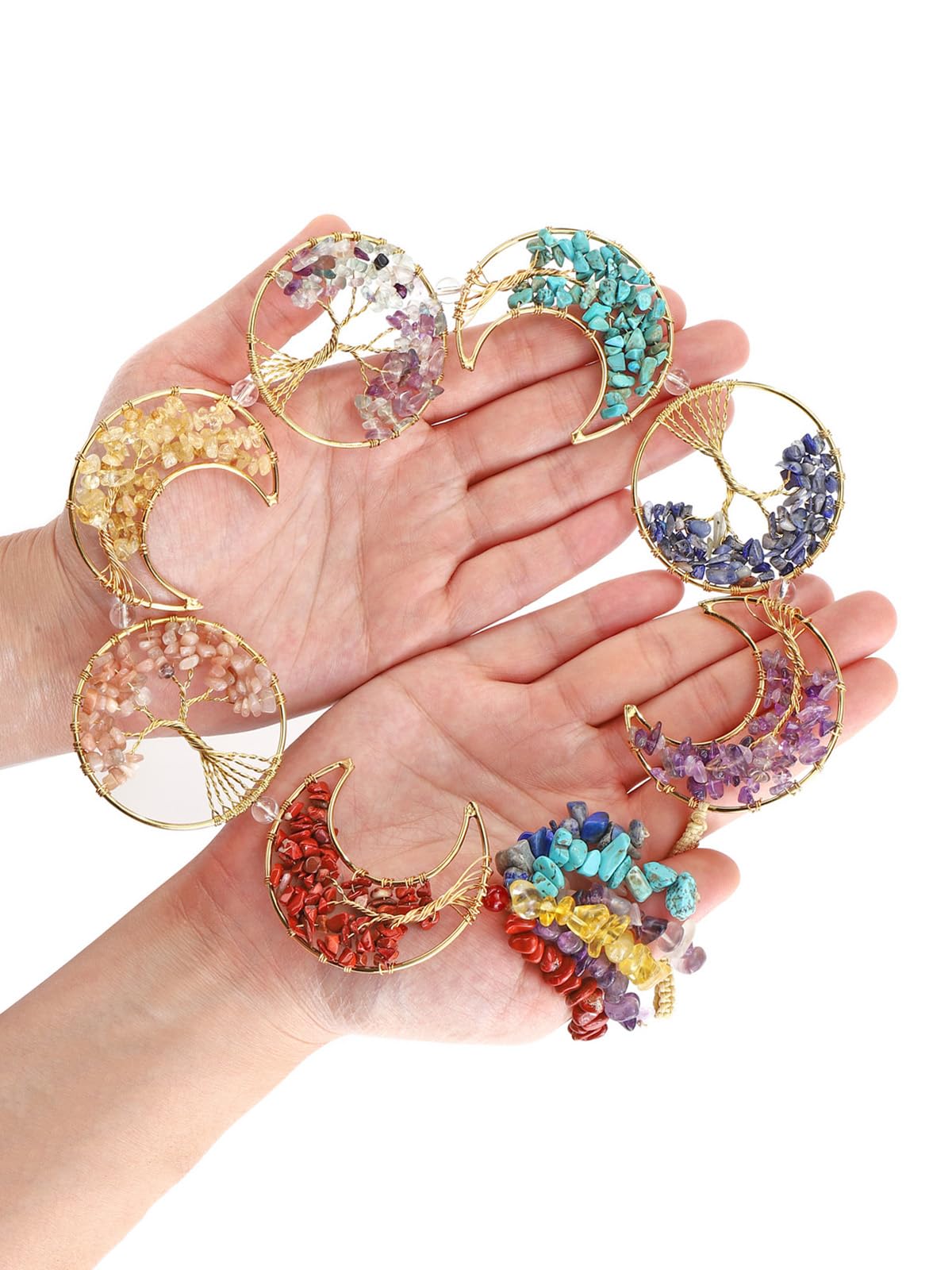 Top Plaza Life Tree Chakra Stones Decor Raw Healing Crystals Gemstones 7 Chakra Hanging Ornament Boho Moon Wall Decoration for Good Luck Yoga Meditation Feng Shui Decor