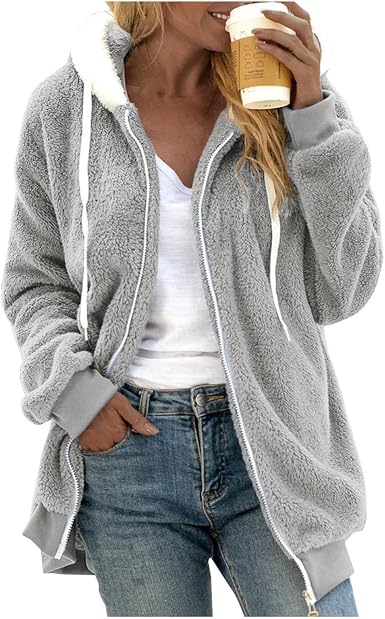 Amazon.com: Sudaderas con cremallera para mujer, con capucha, manga larga,  solapa de moda, abrigo de piel de oveja sintética, abrigo de gran tamaño,  suéter cálido de invierno : Ropa, Zapatos y Joyería