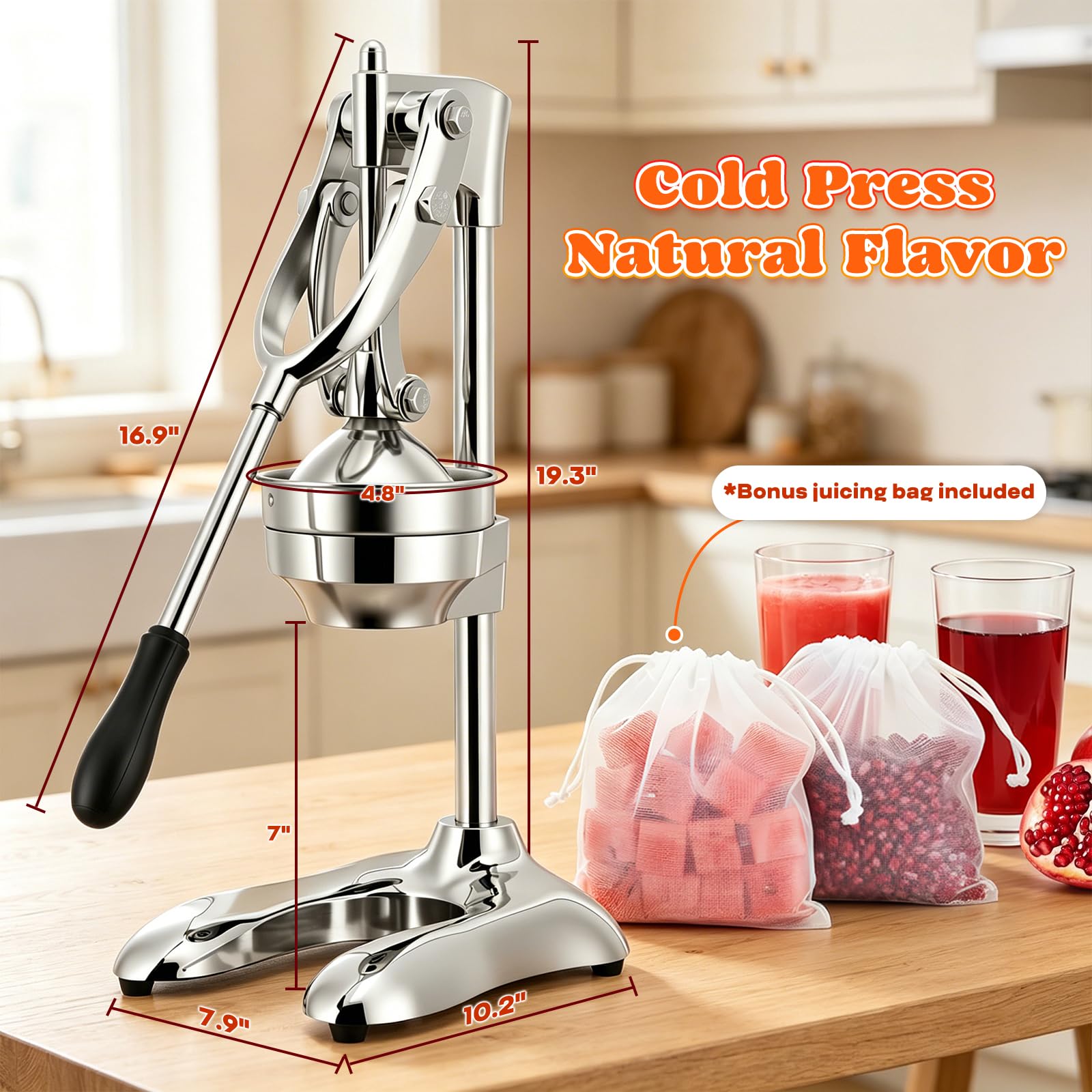 Moongiantgo Dual-Mode Gewerblicher Saftpresse Manuell, Professionelle Zitronenpresse mit Müheloser Hebelarm, Ergonomische Orange Granatapfel Limette Wassermelone Frucht Handpresse | Gewerblicher Saftpresse Manuell mit Müheloser Hebelarm, Ergonomische für
