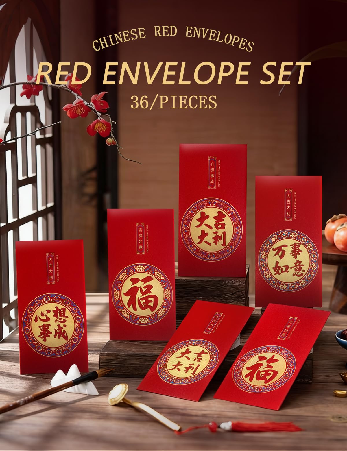 Ang Bao Chinesische Neujahrsumschläge, Glücks-Geldumschlag, große chinesische rote Taschen, dickes, stabiles Geldgeschenk, Hongbao, 230 g/m², Premium-Glitzer-Papier-Geldtaschen, 36 Stück