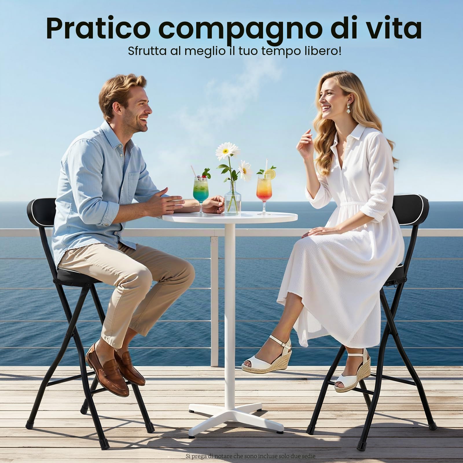 Set di 2 sgabelli da bar pieghevoli, con schienale, 65 cm, per interni ed esterni, cucina, bar, bistrò, campeggio, colore nero, portata 125 kg