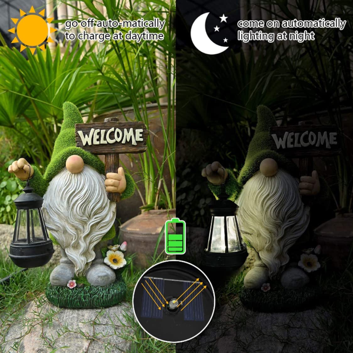 Divertente gnomo da giardino con lanterna solare e cartello di benvenuto. Ornamenti solari da giardino. Figurina di gnomo per prato da patio, attrezzi