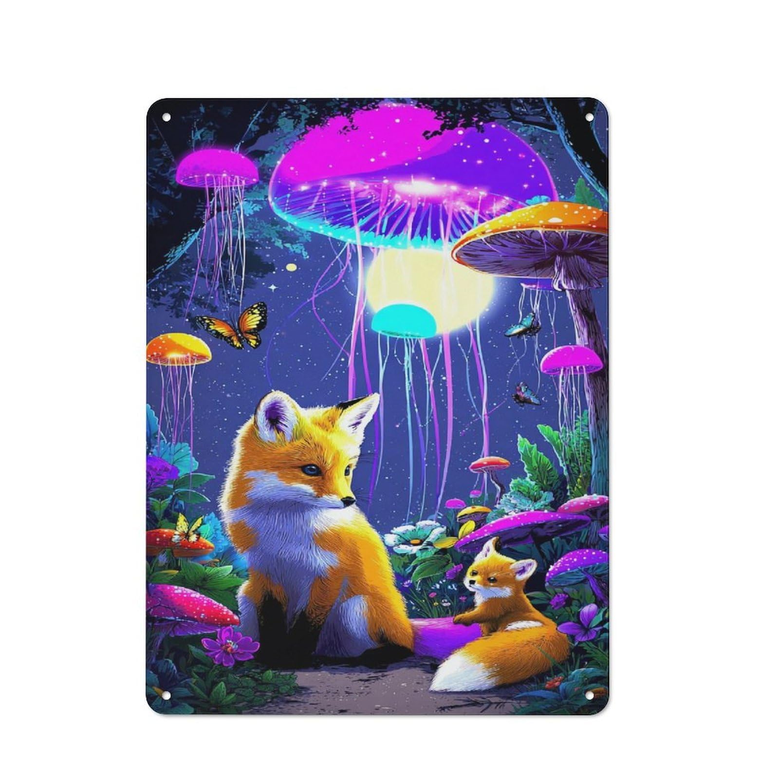Junmoney Enchanted Forest Foxes Tin Sign 40X30cm With For Living Room Wall, Rustic Decor, For Living Room Decor Lovers
