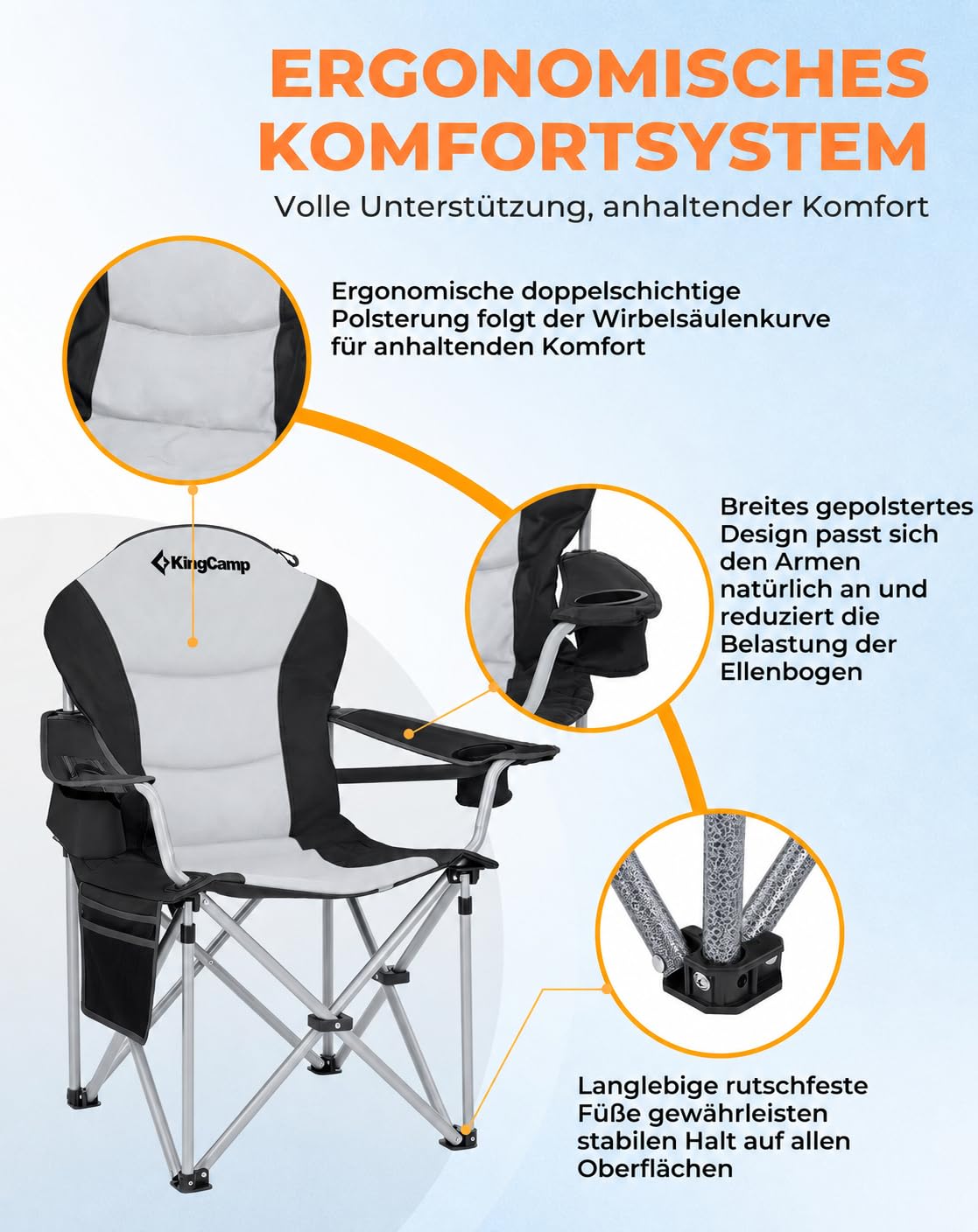 KingCamp Campingstuhl Faltbar Ergonomisch Gepolstert XXL bis 250kg Schwarz | Klappstuhl mit Verstellbarer Lendenwirbelstütze, Kühltasche für Camping, Garten, Angeln & Festival