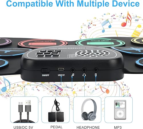 Miniatura 9 de Juego de batería electrónica, almohadilla de batería Marrilley 9 con conector para auriculares, almohadilla de batería enrollable más grande