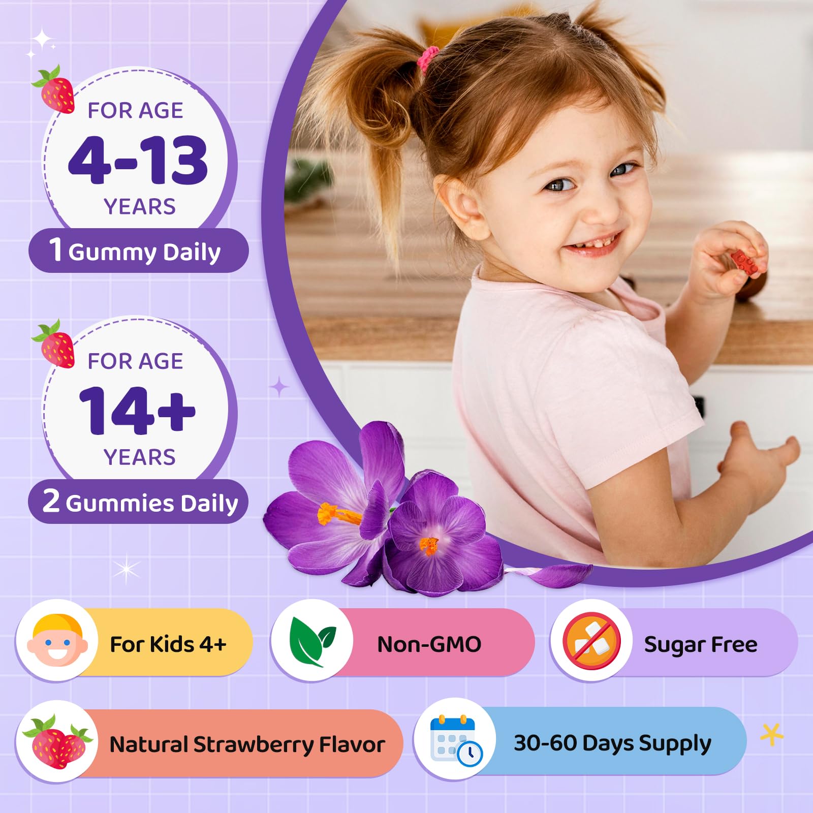 Saffron Gummies for Kids & Adults, 20-in-1 Saffron Supplements with 88.5mg Saffron Extract, B6, B12, C, D3, Magnesium for Calm, Focus, Nerve, Sugar Free, Vegan, Non-GMO - Strawberry Flavor, 60 Counts — Amazon image 5