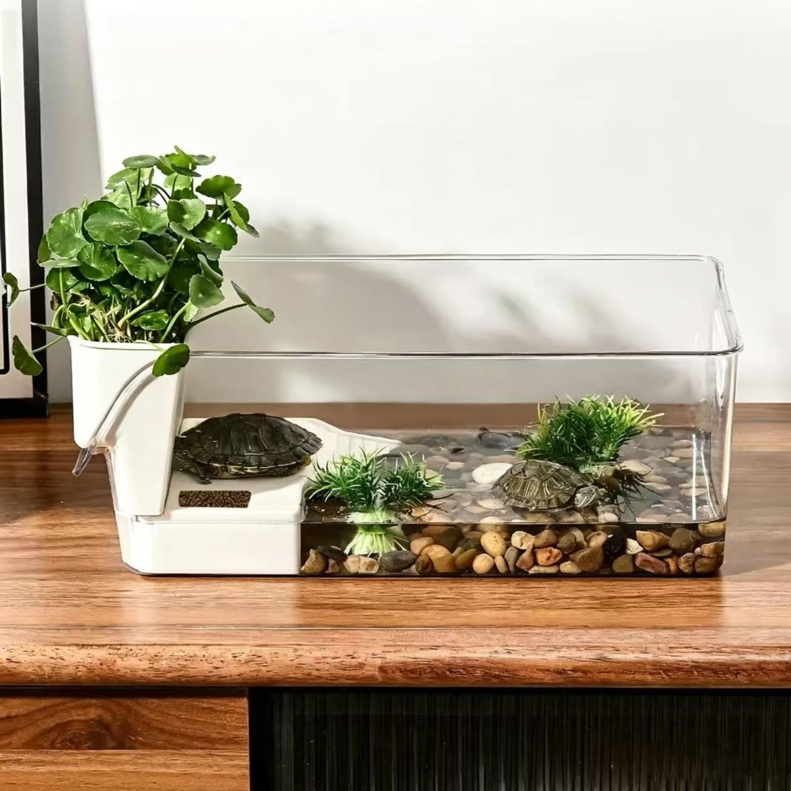 Terrario Grande con Plataforma para Terrario de Tortugas con Plataforma para Tomar el Sol y Rampa,Tanque Transparente para Tortugas Recinto para Reptiles， Cangrejos y Pequeños Peces,