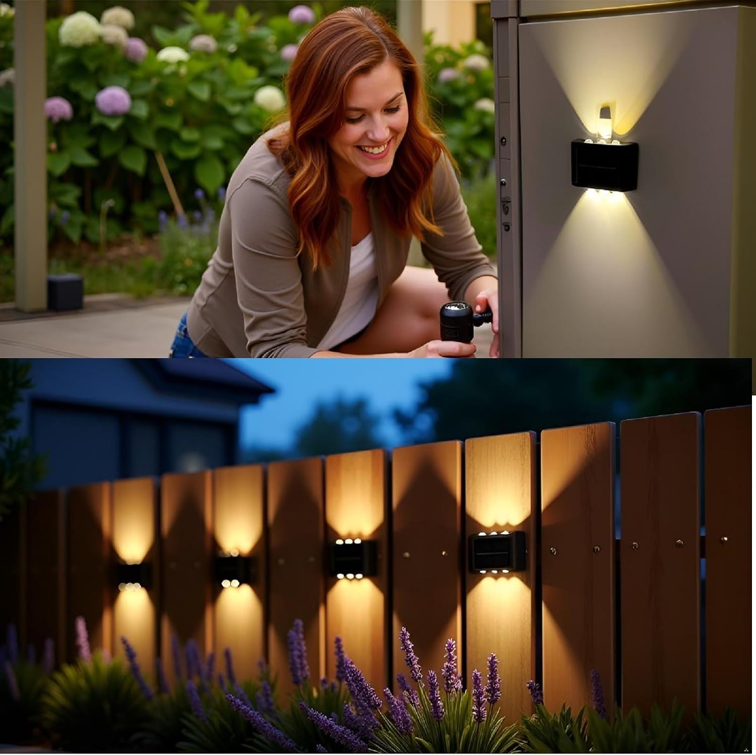 ASLIDECOR Solar Fence Lights Up and Down, 2 Pack Small Solar Step Light Waterproof, Warm White Deck Lighting Illuminate Outdoor for Patio Shed Pool image 3