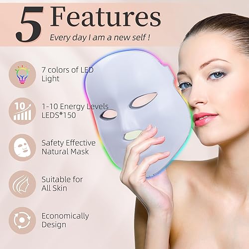 Miniatura 2 de Máscara facial LED, máscara facial de 7 colores LED para la cara, máscara facial LED con cuello para salones de belleza y uso doméstico
