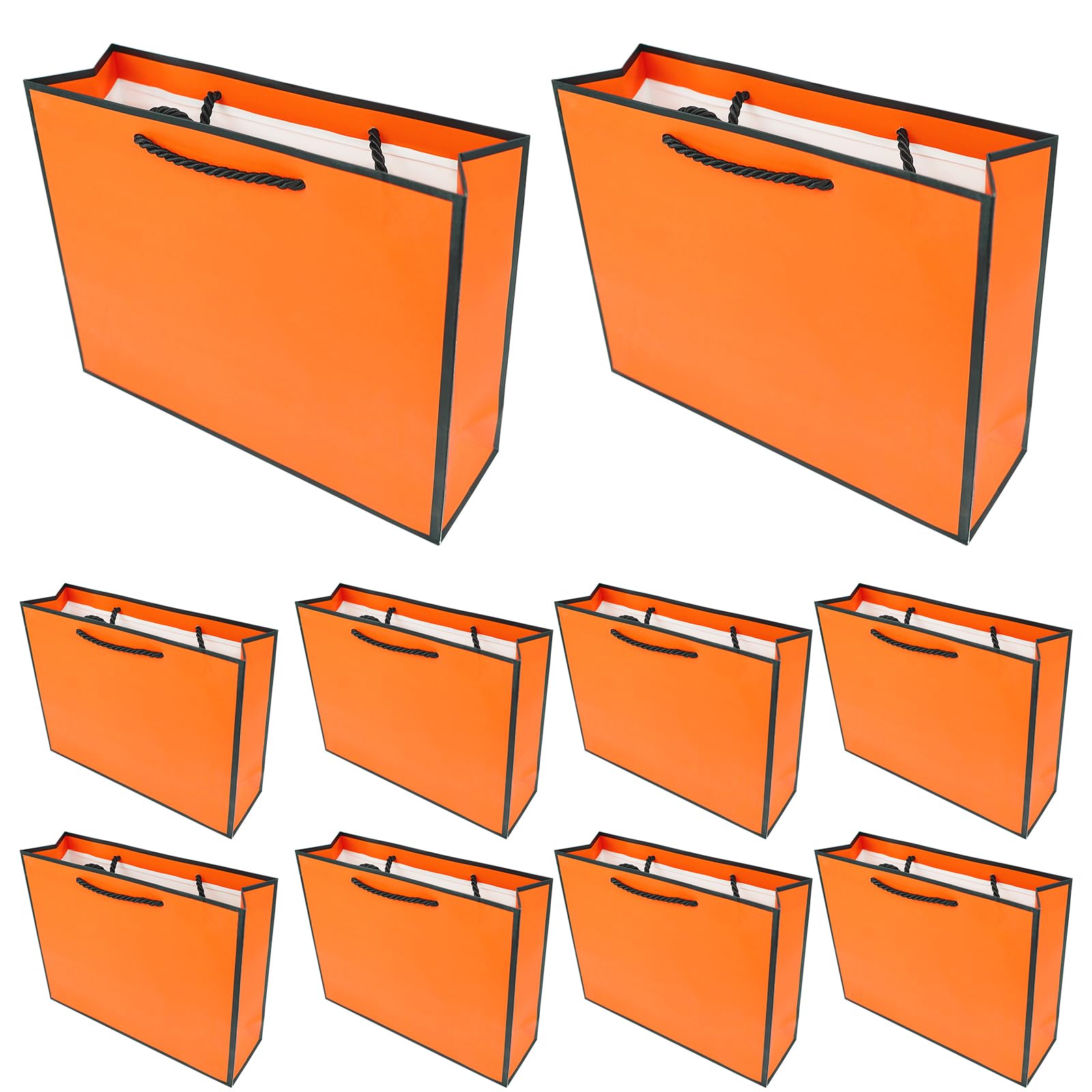 PACK4YA Papier-Geschenktüten mit Schleifenband, Geschenktüte mit Henkel für Geburtstag, Hochzeit, Weihnachtsfeier, Einkaufen, Babyparty 27x8x21 cm (Orange, schwarzer Rahmen, 10 Stück)