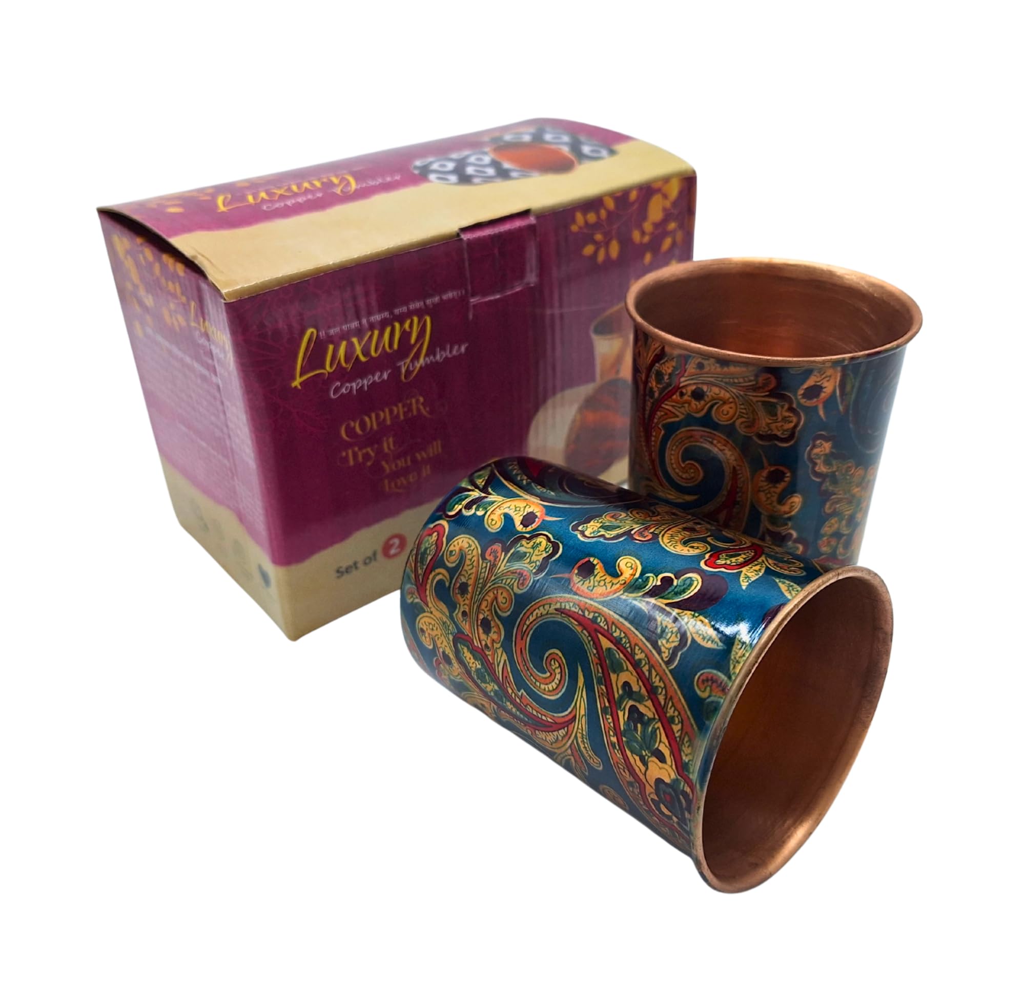 Kupferbecher 2er Set – Premium Copper Cup aus 99,9% reinem Kupfer – 250 ml Ayurveda Trinkbecher für Wasser – handgefertigt in Indien – traditioneller Kupfer Wasserbecher (Meenakari Flower)